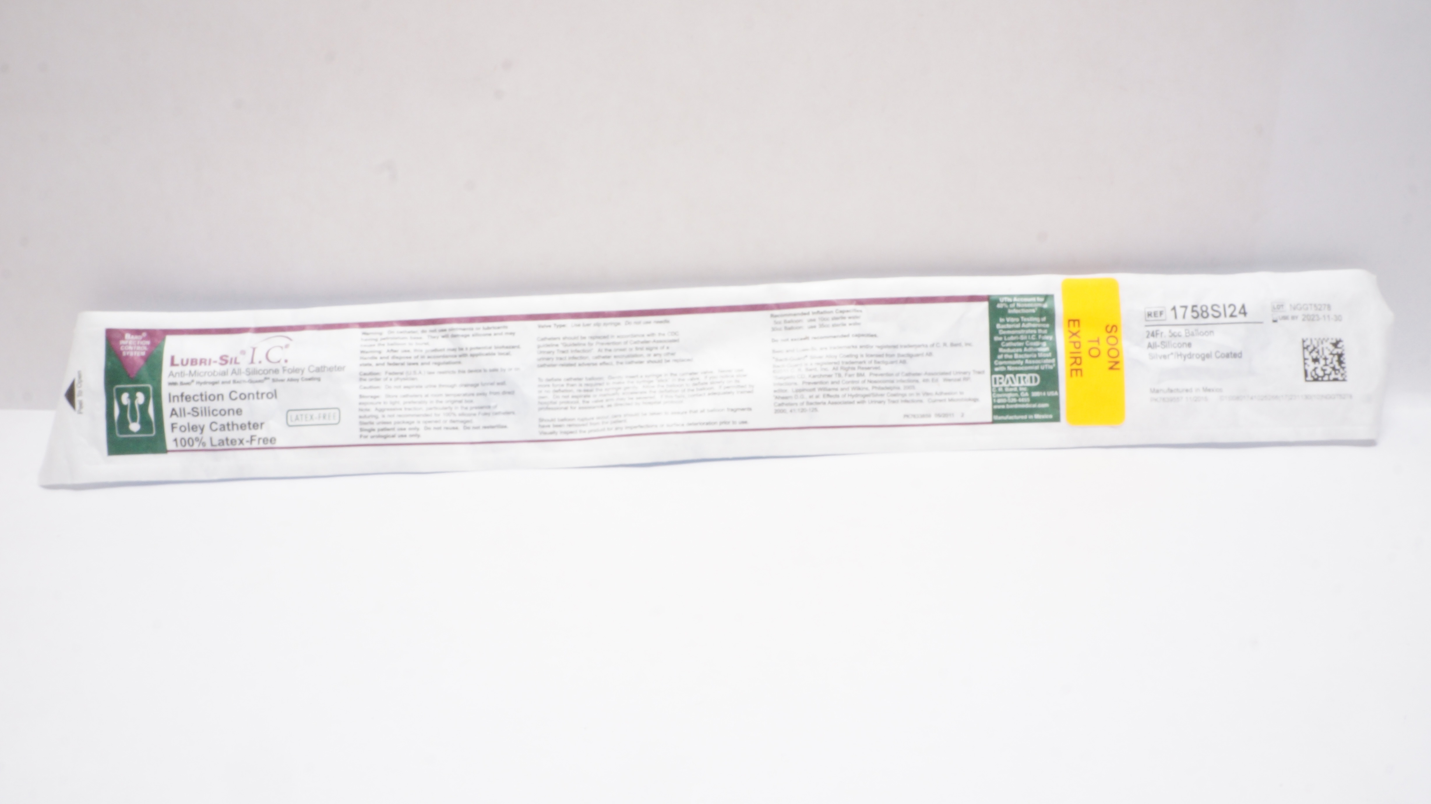 Bard 1758SI24 All-Silicone Silver Hydrogel Coated Foley Cath. 24Fr 5cc Balloon(x)