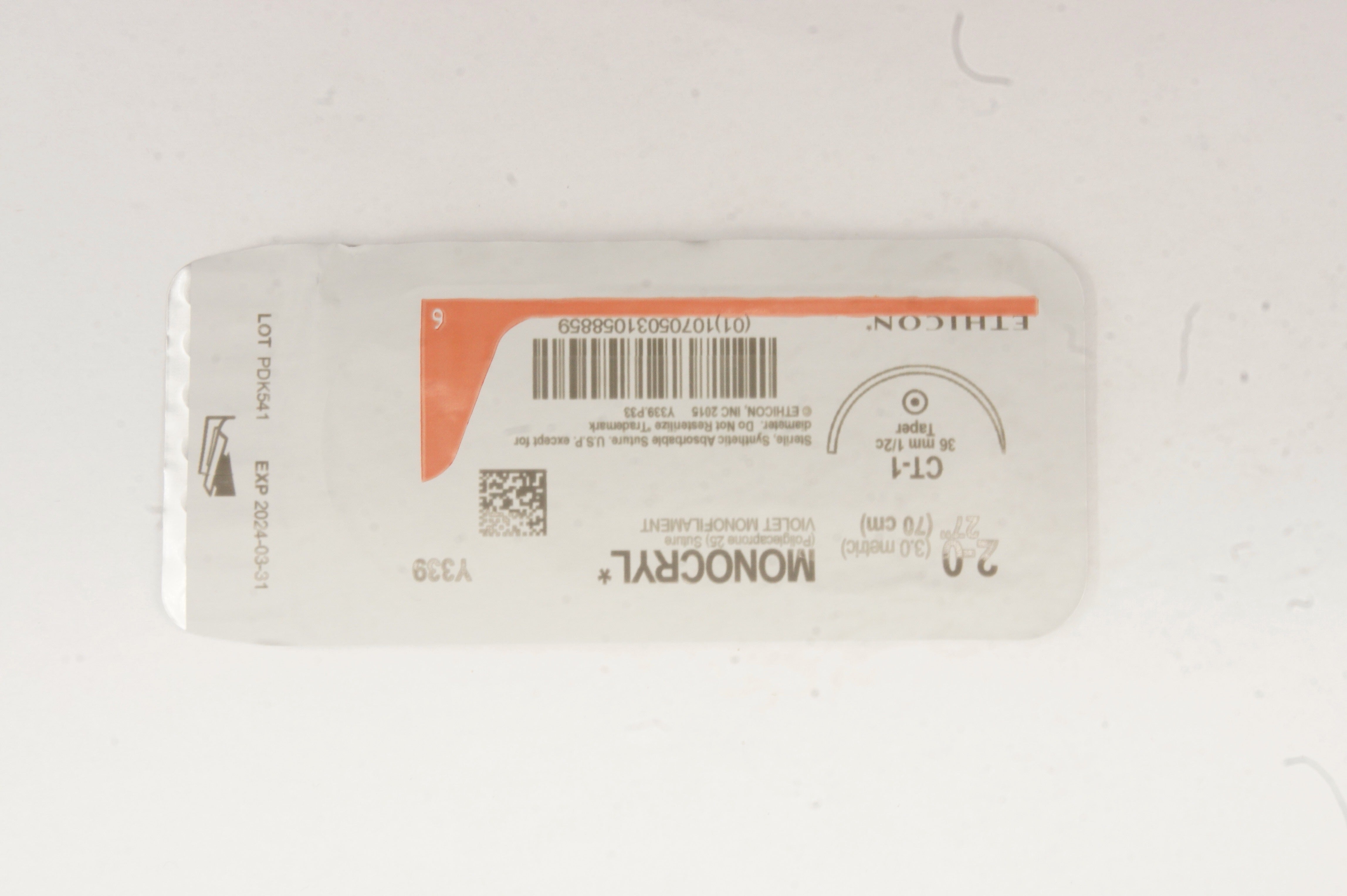 Ethicon Y339 2-0 Monocryl Poliglecaprone 25 Stre CT-1 36mm 1/2c Taper 27 inch