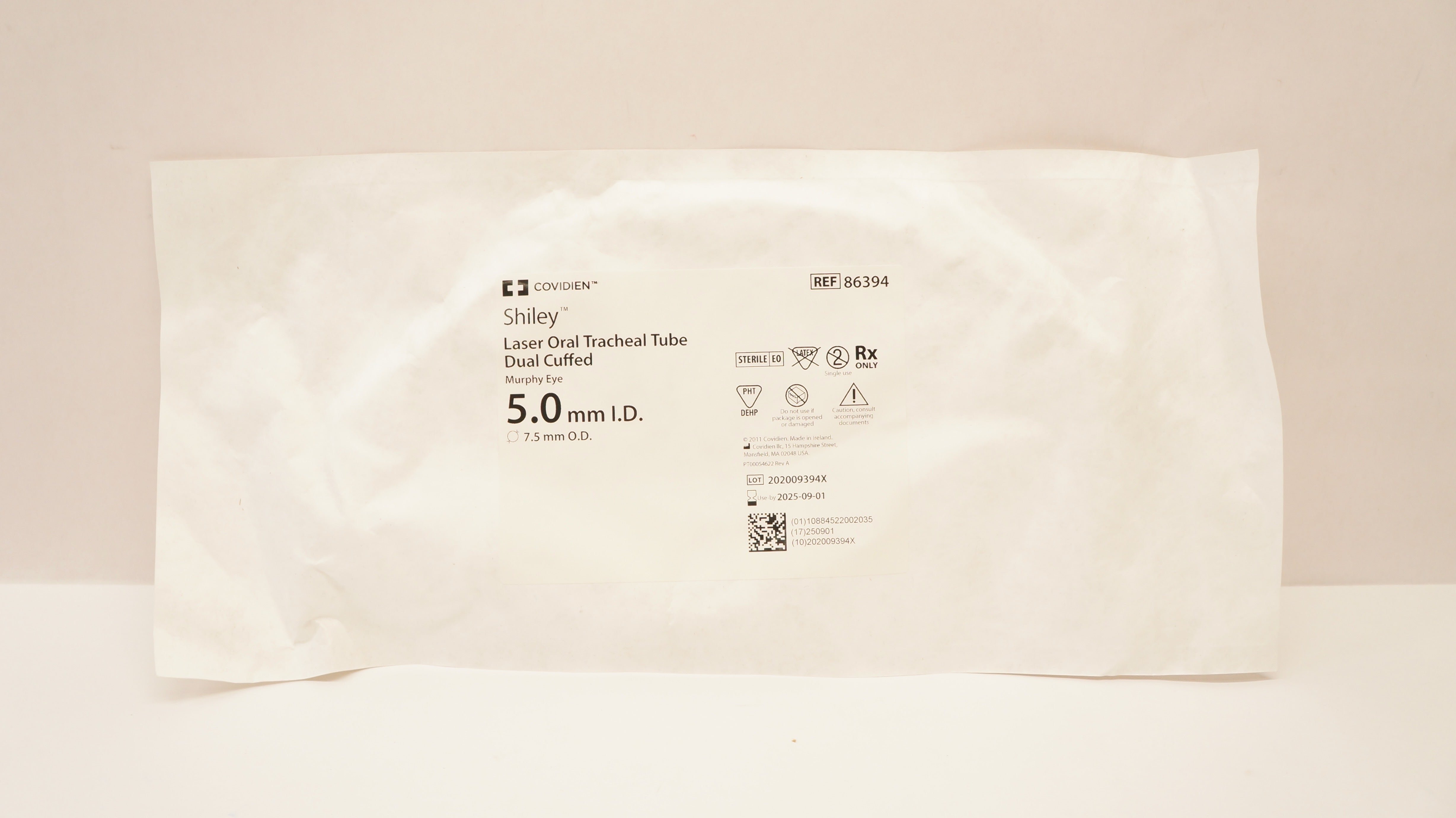 Covidien 86394 Shiley Laser Oral Tracheal Tube Dual Cuffed 5.0mm ID x 7.5mm OD