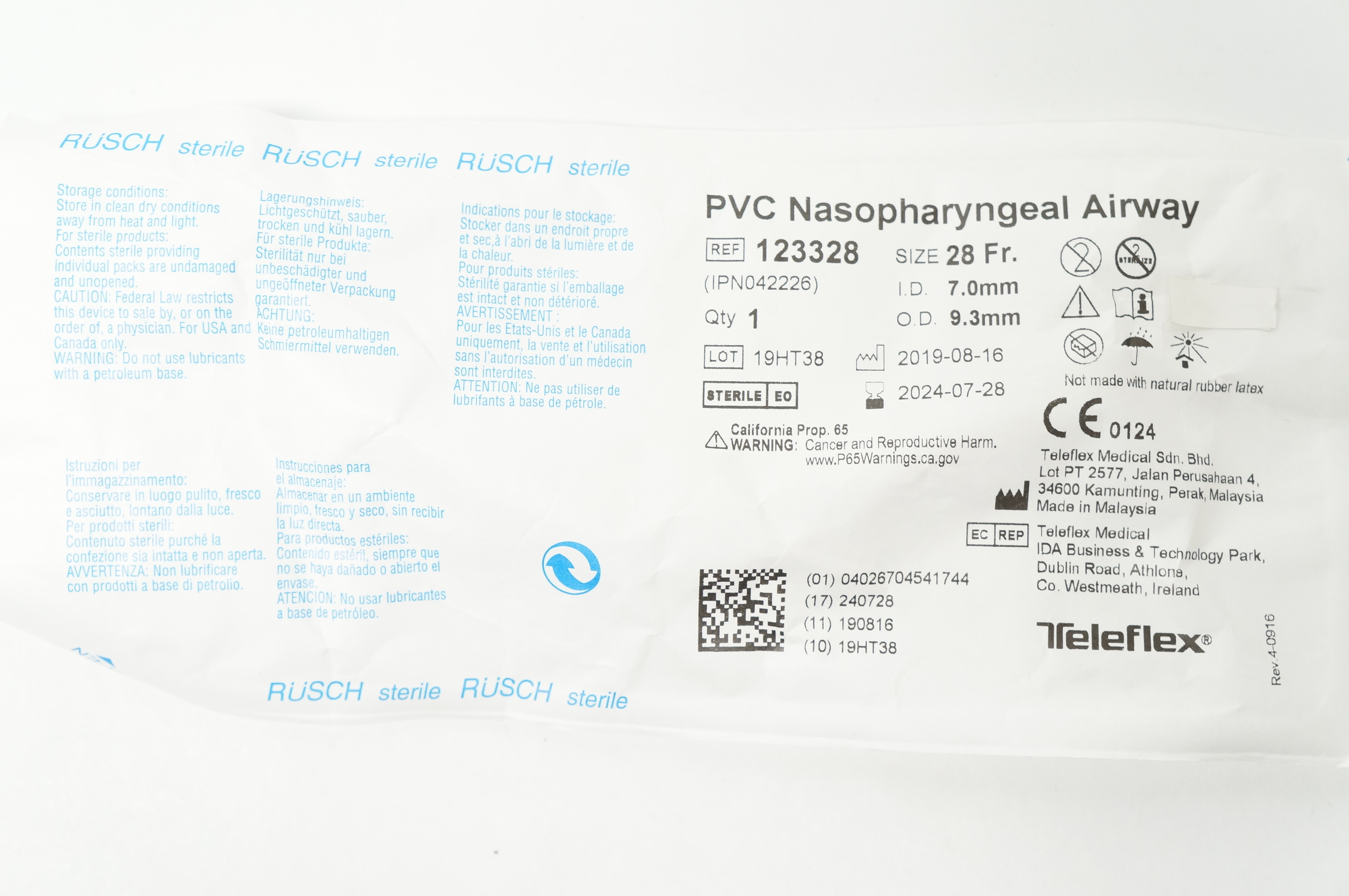 Teleflex 123328 RUSCH PVC Nasopharyngeal Airway 28Fr. x 7.0mm ID x 9.3mm OD