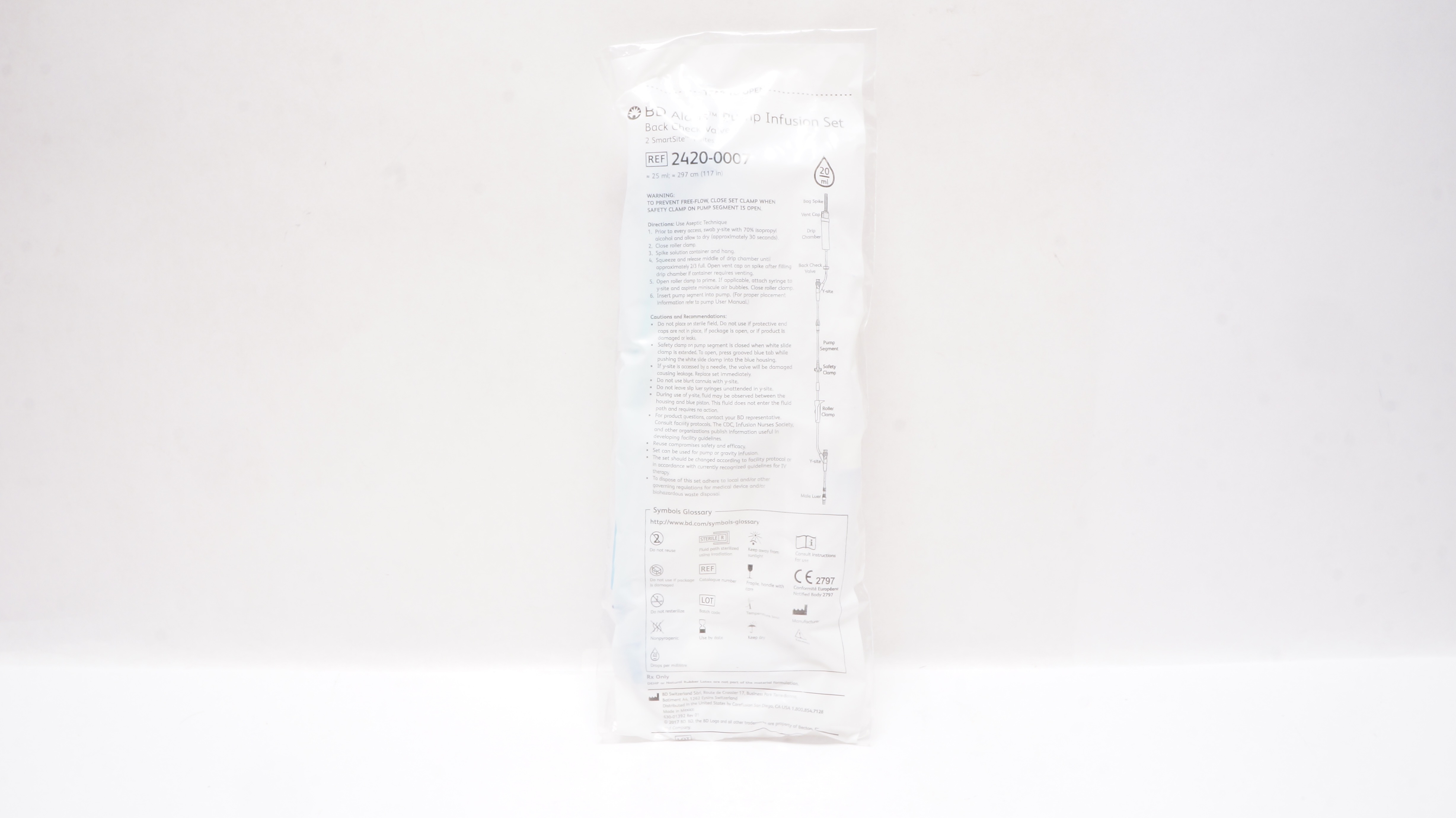 BD 2420-0007 Alaris Pump Infusion Set Back Check Valve 117inch x 25ml 20Drops/ml