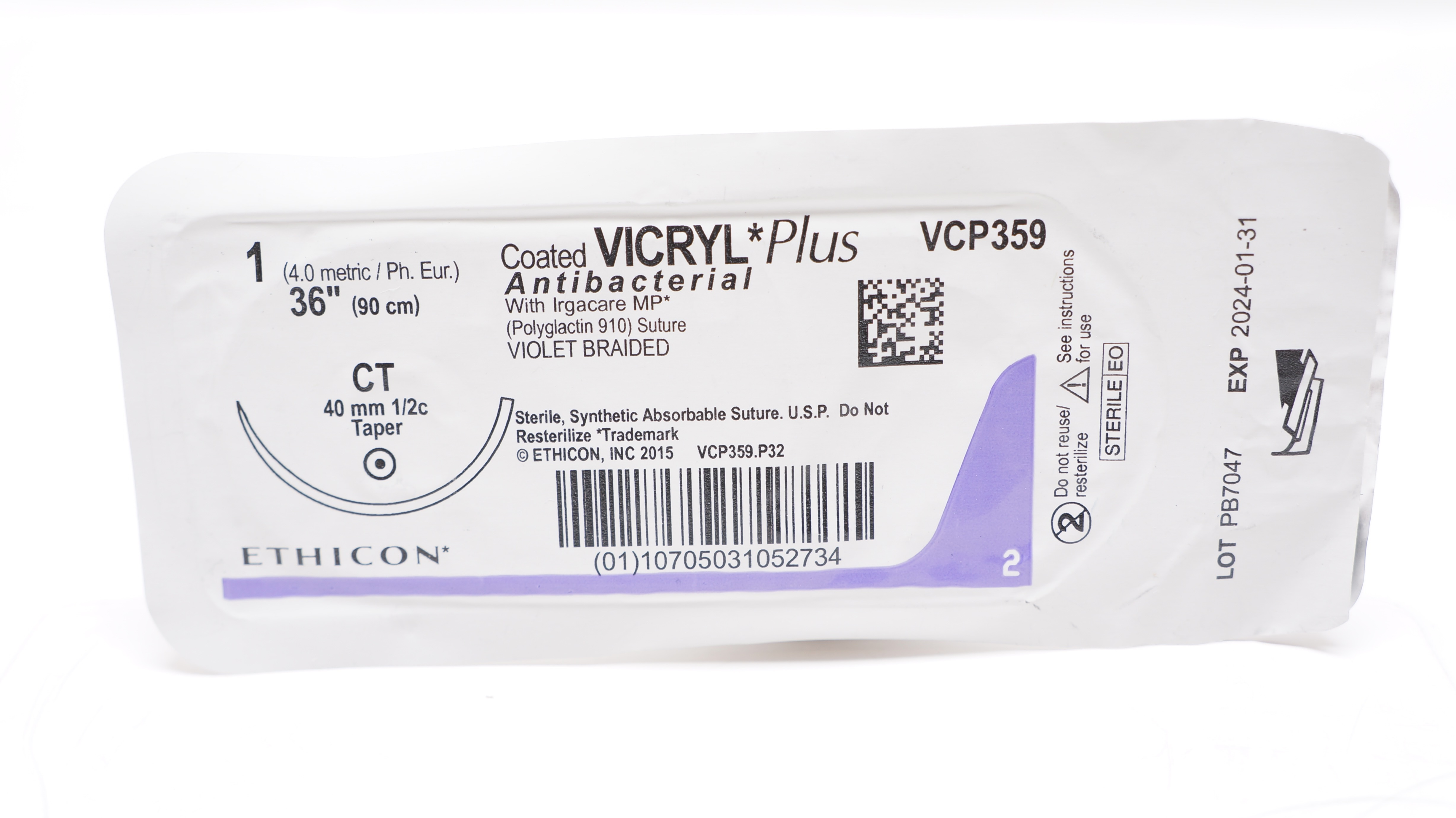 Ethicon VCP359 1 Vicryl Plus Polyglactin Stre CT 40mm 1/2c Taper, 36inch (x)