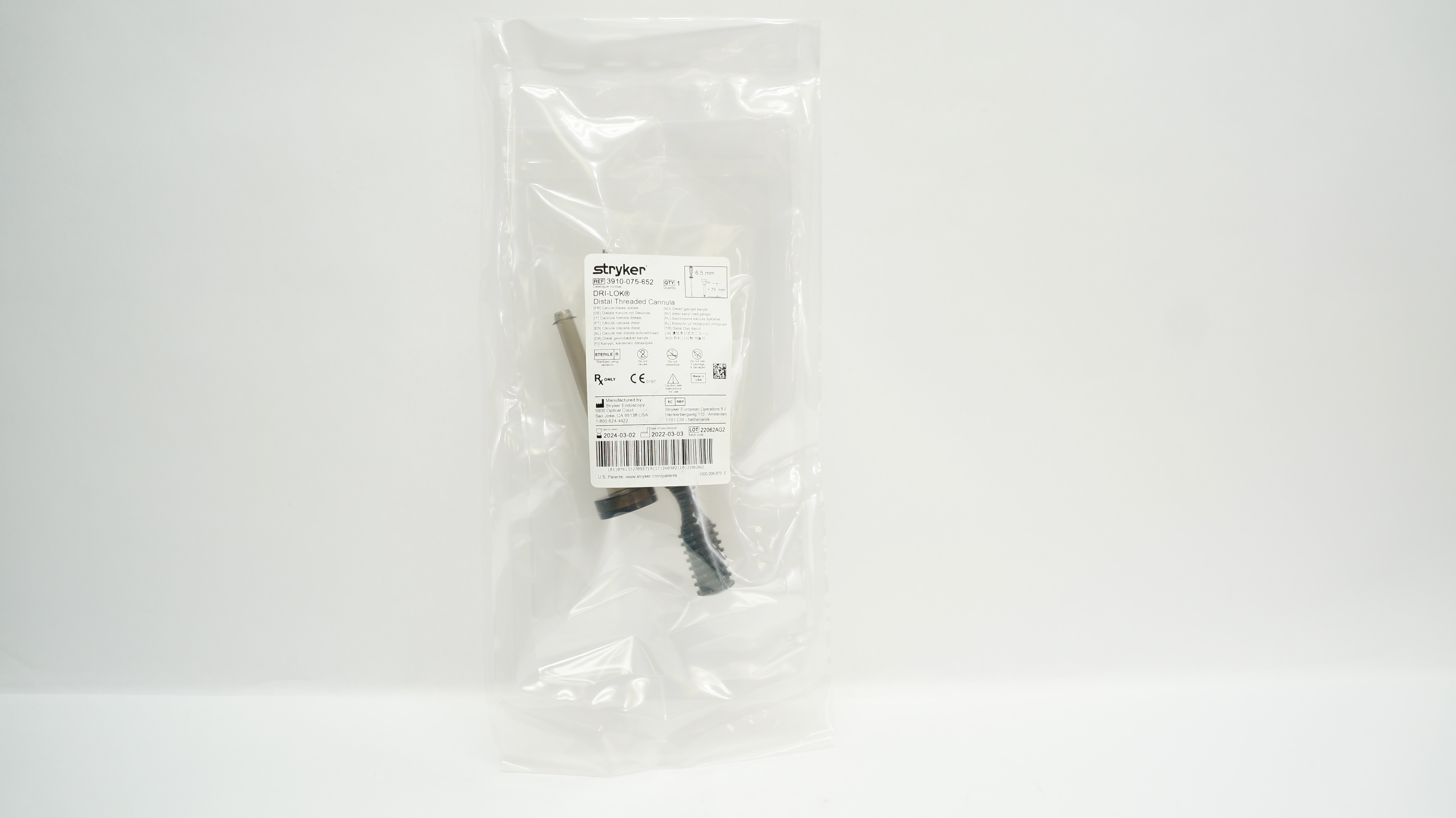 Stryker Endoscopy 3910-075-652 Dri-Lok Distal Threaded Cannula 6.5mm x75mm