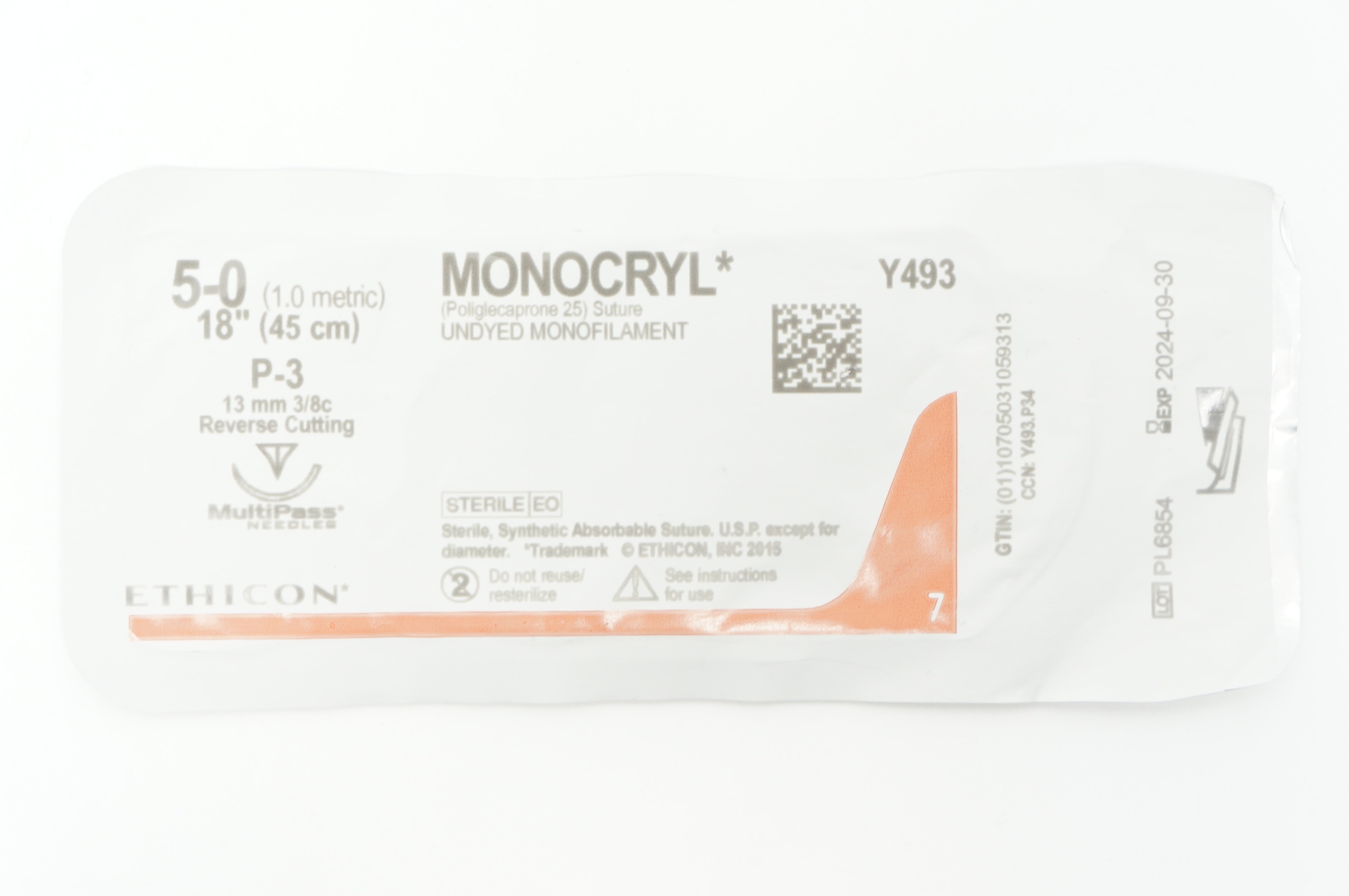 Ethicon Y493 5-0 MONOCRYL Undyed P-3 13mm 3/8c Reverse Cutting, 18inch