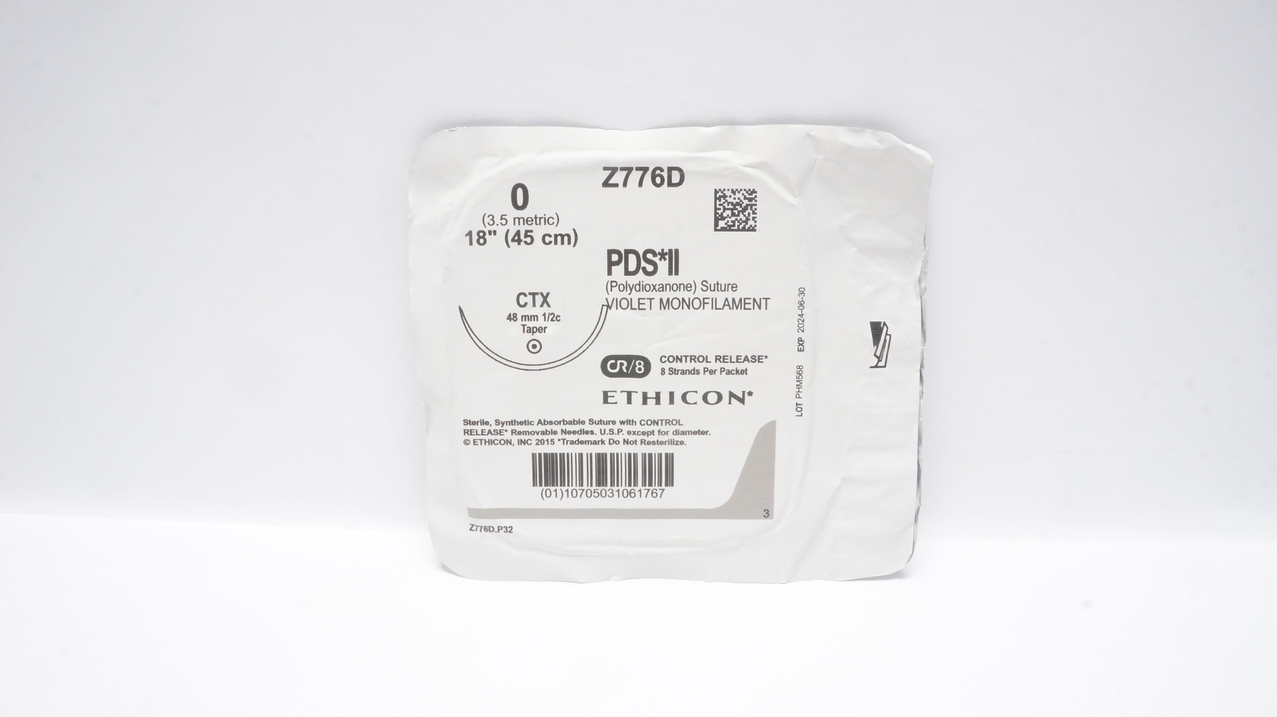 Ethicon Z776D 0 PDS II Polydioxanone Stre CTX 48mm 1/2c Taper 18inch (x)