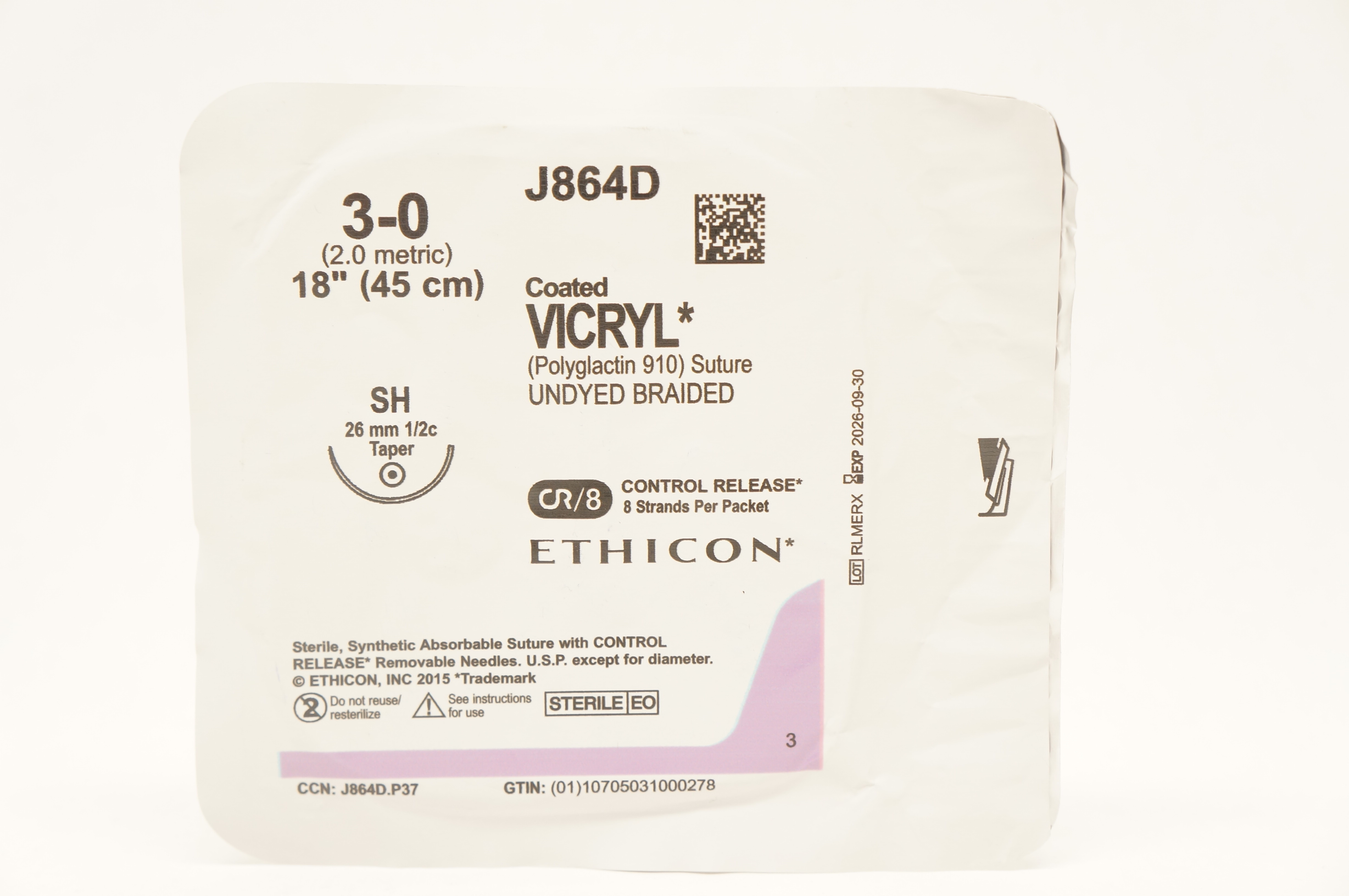 Ethicon J864D 3-0 Coated VICRYL Undyed Braided SH 26mm 1/2c Taper, 18inch
