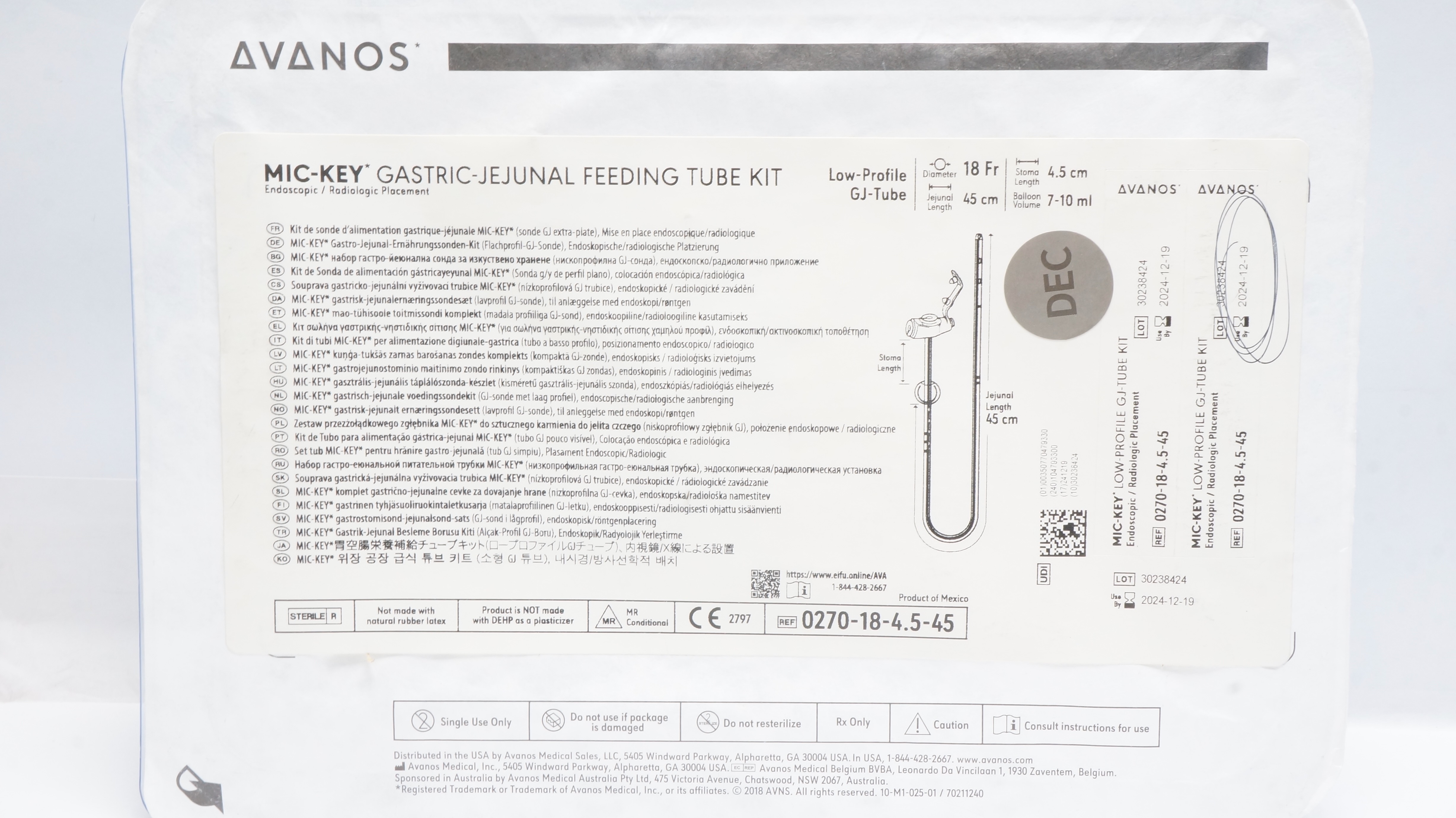 Avanos 0270-18-4.5-45 Mic-Key Gastric-Jejunal Feeding Tube Kit 18Fr (x)