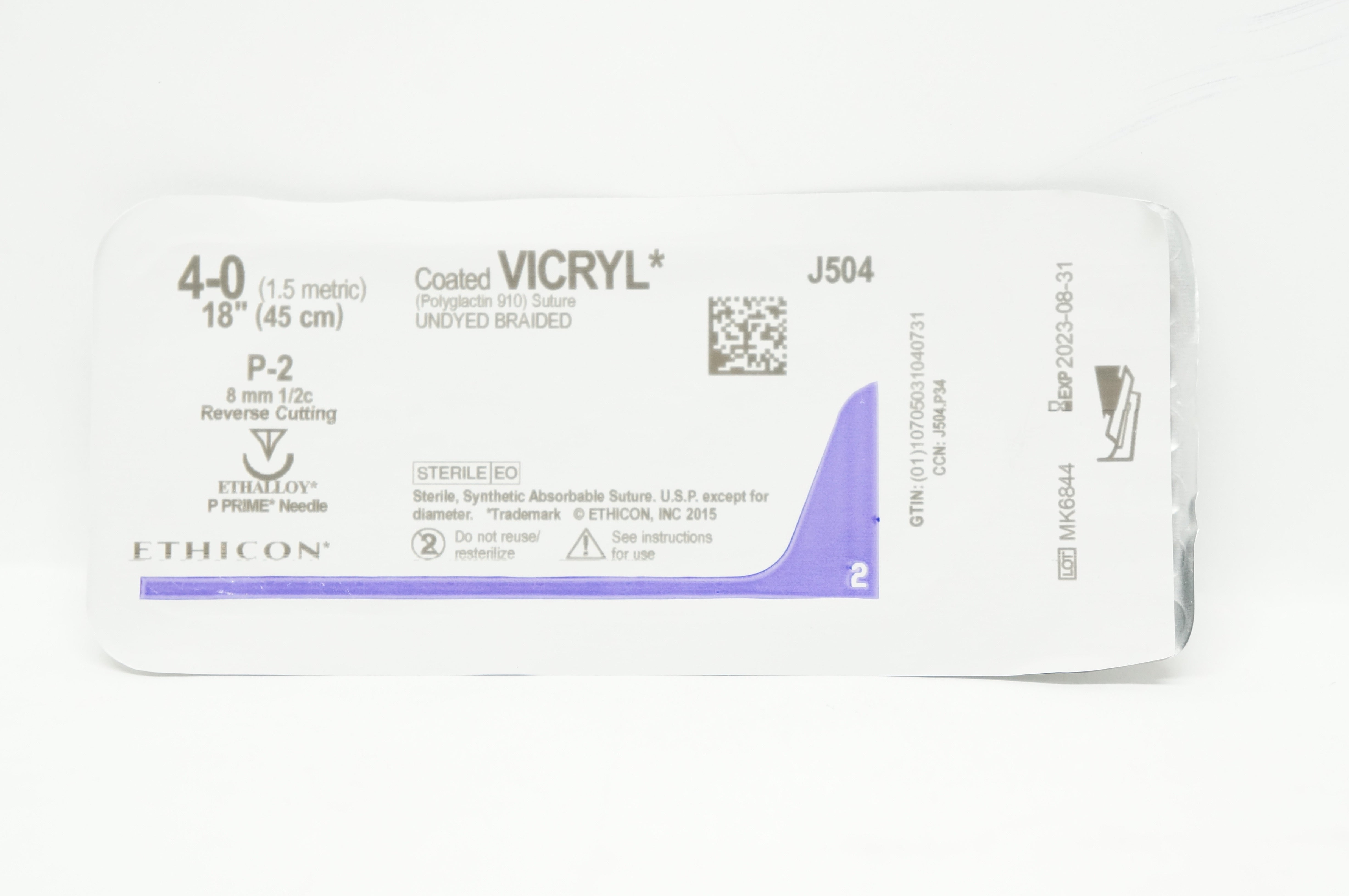 Ethicon J504 4-0 Coated VICRYL Stre P-2 8mm 1/2c Reverse Cutting, 18inch