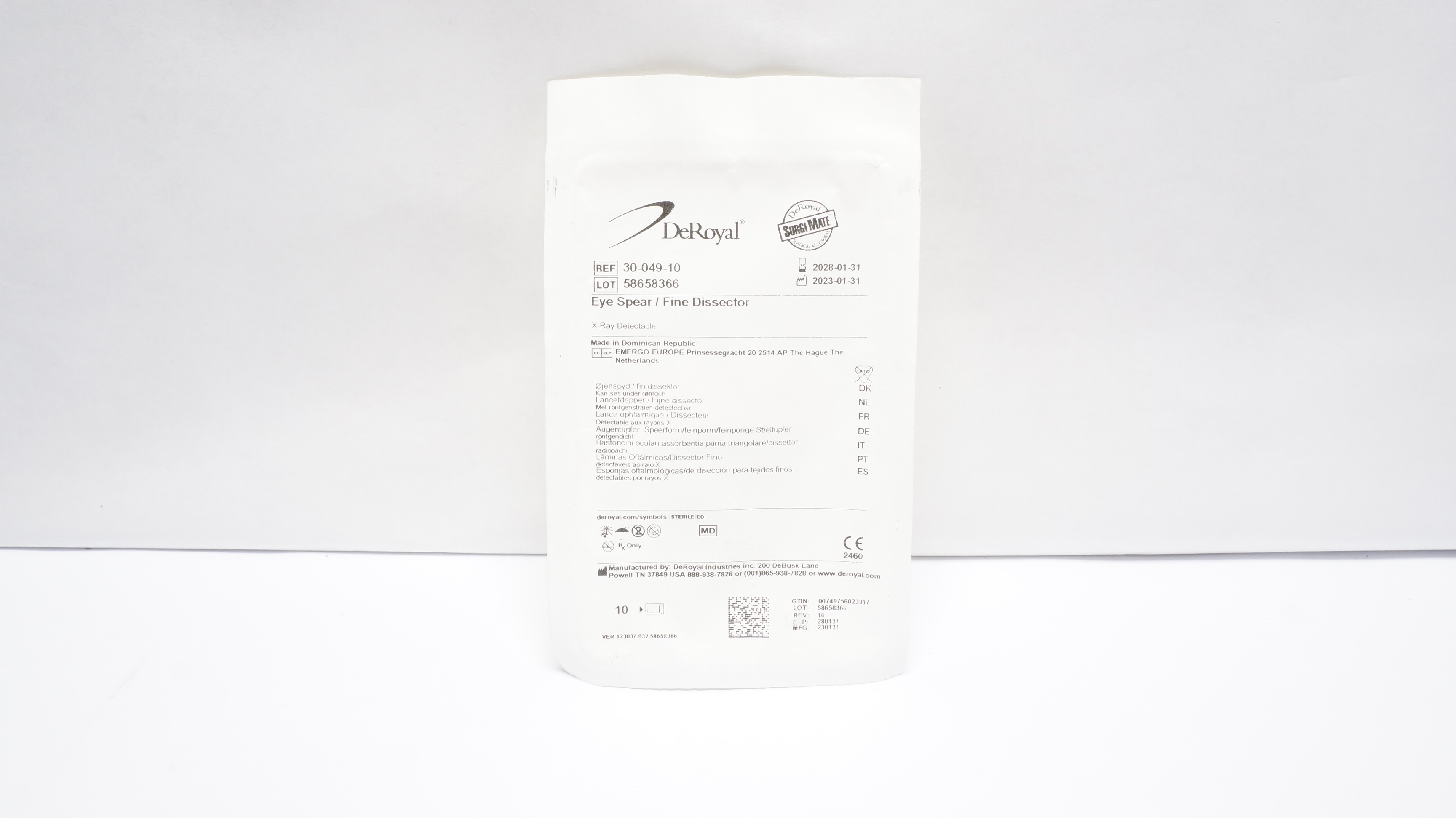 DeRoyal 30-049-40 Eye Spear/Fine Dissector, X-Ray Detectable - Pack of 10