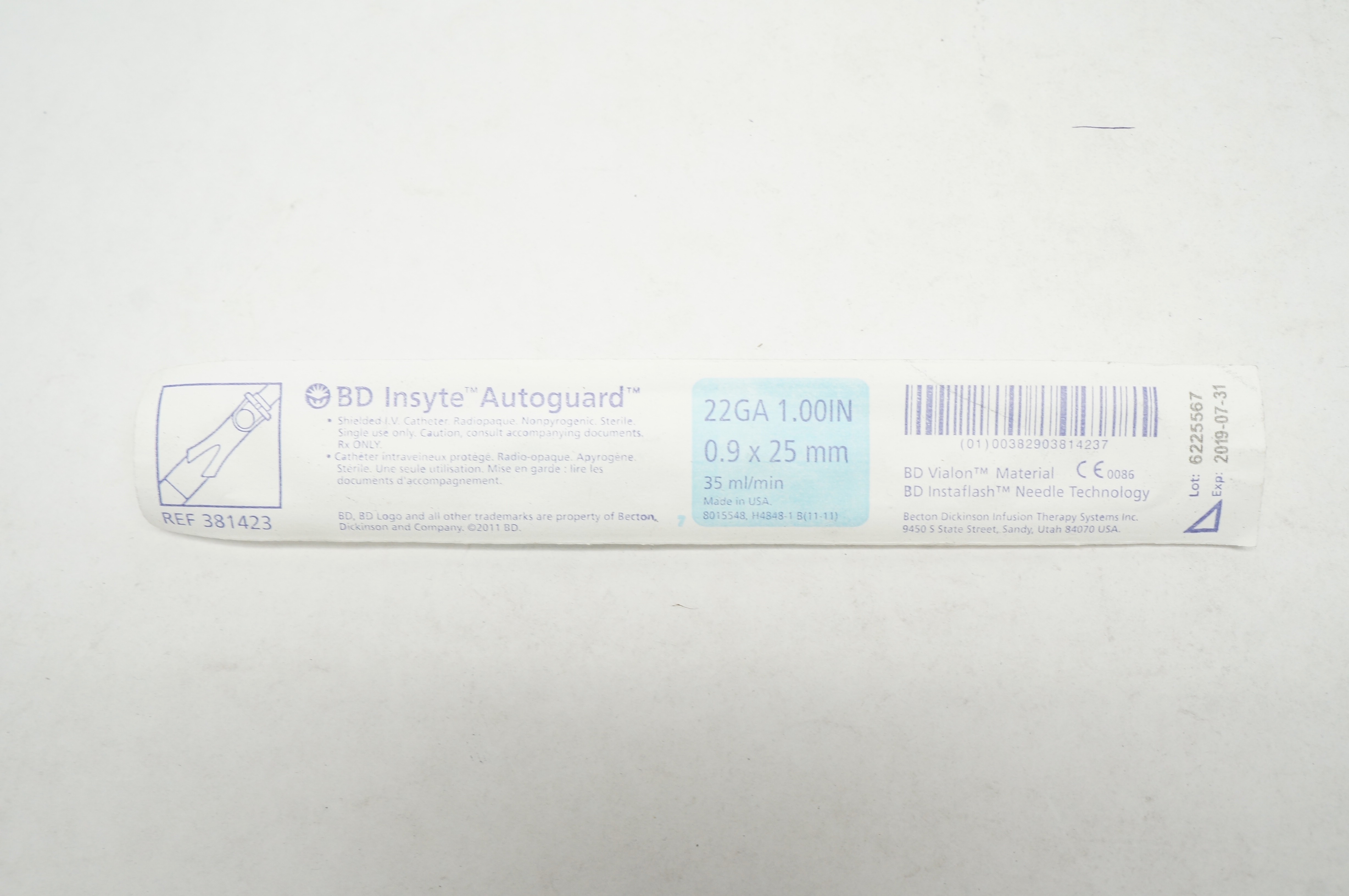 BD 381423 Insyte Autoguard Shielded IV Cath. 22Ga x 1.00 inch x 35 mL/min (x)