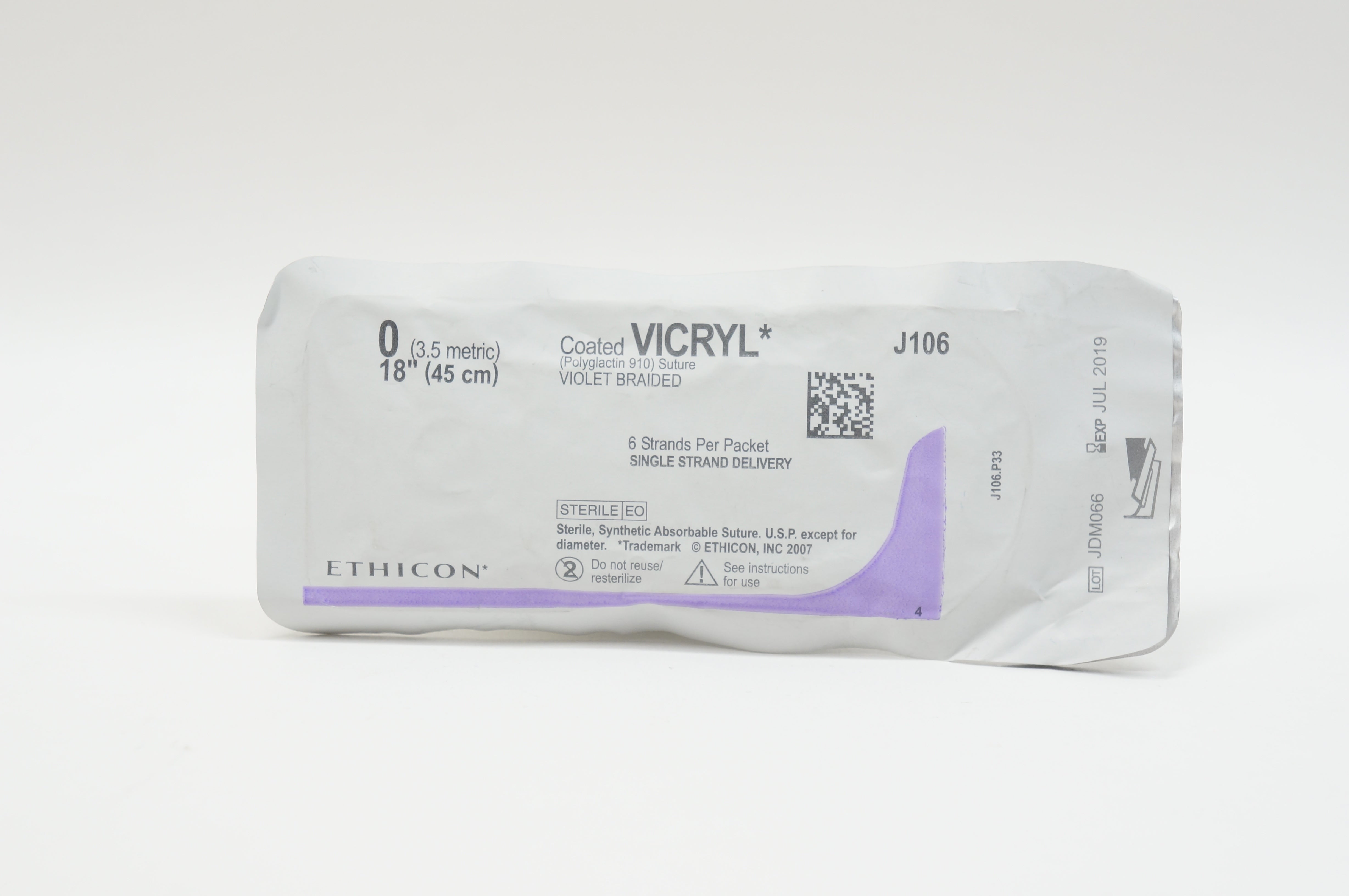 Ethicon J106 0 Coated VICRYL Polyglactin 910 Stre Violet Braided, 18inch (x)