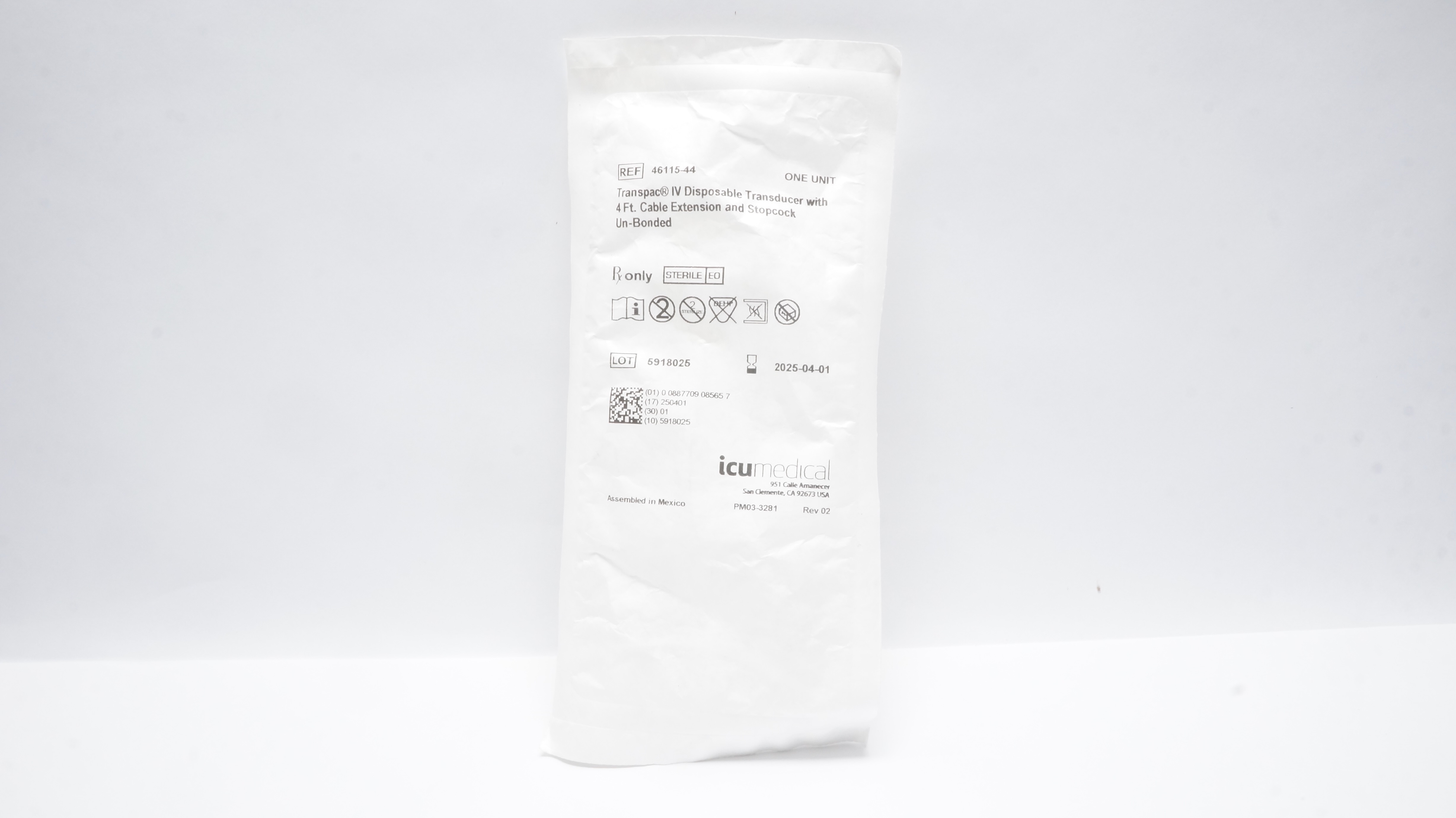 ICU Medical 46115-44 Transpac IV Disposable Transducer w/4Ft. Cable Extension