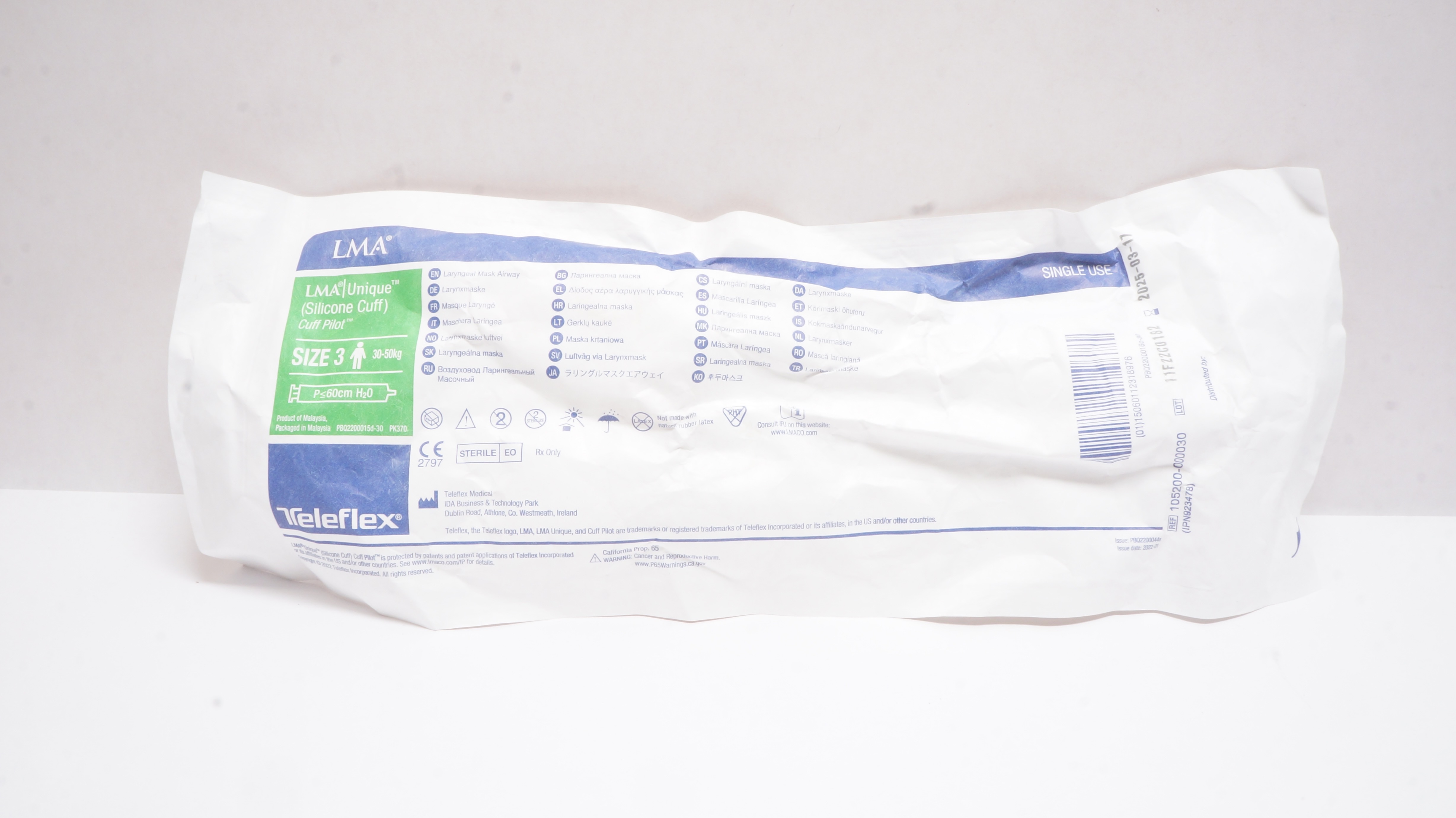 Teleflex 105200-000030 LMA Unique Laryngeal Mask Airway Size 3 30-50kg ≤60cm H2O