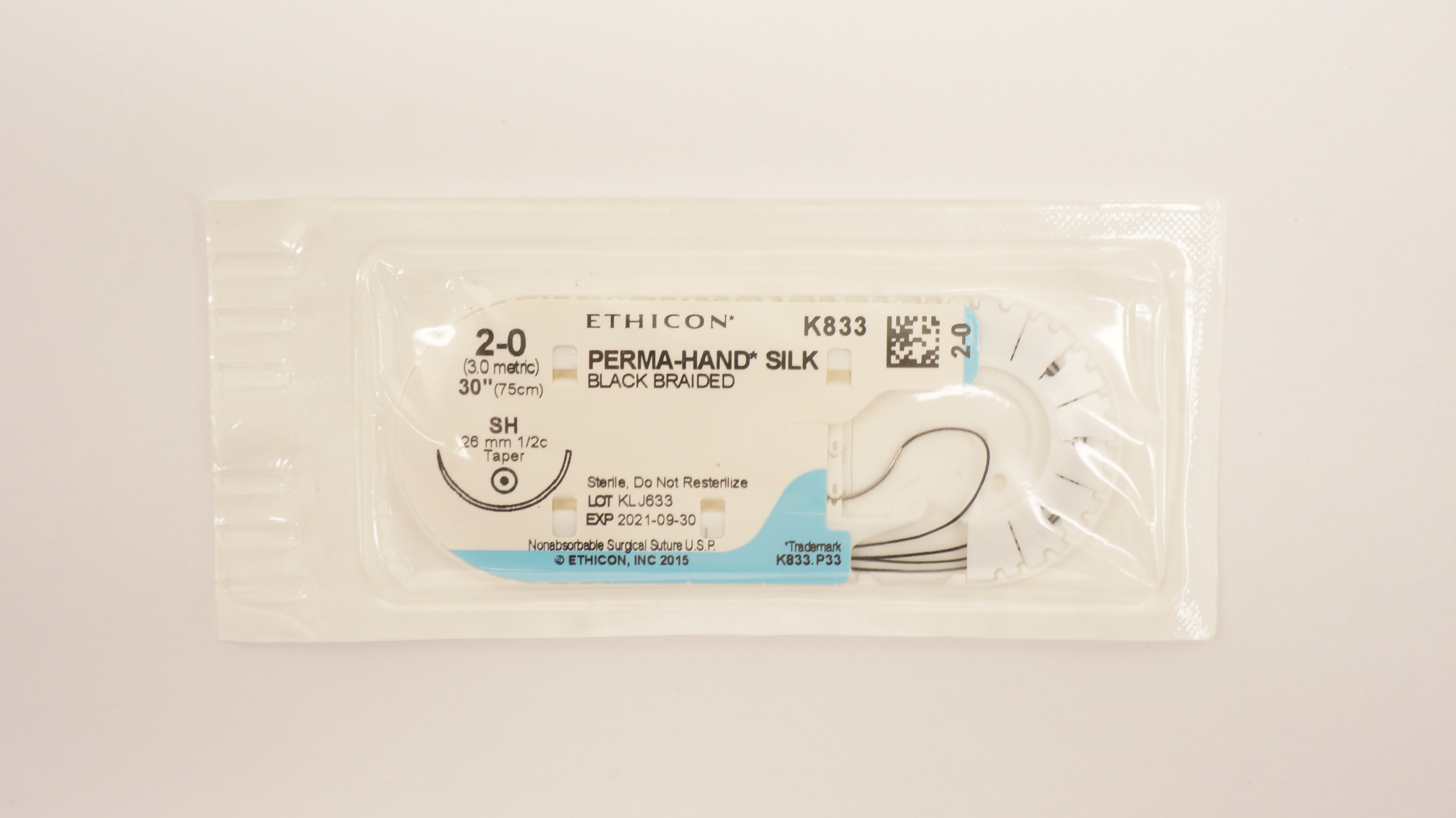 Ethicon K833 2-0 Perma-Hand Silk Black Braided SH 26mm 1/2c Taper, 30inch (x)