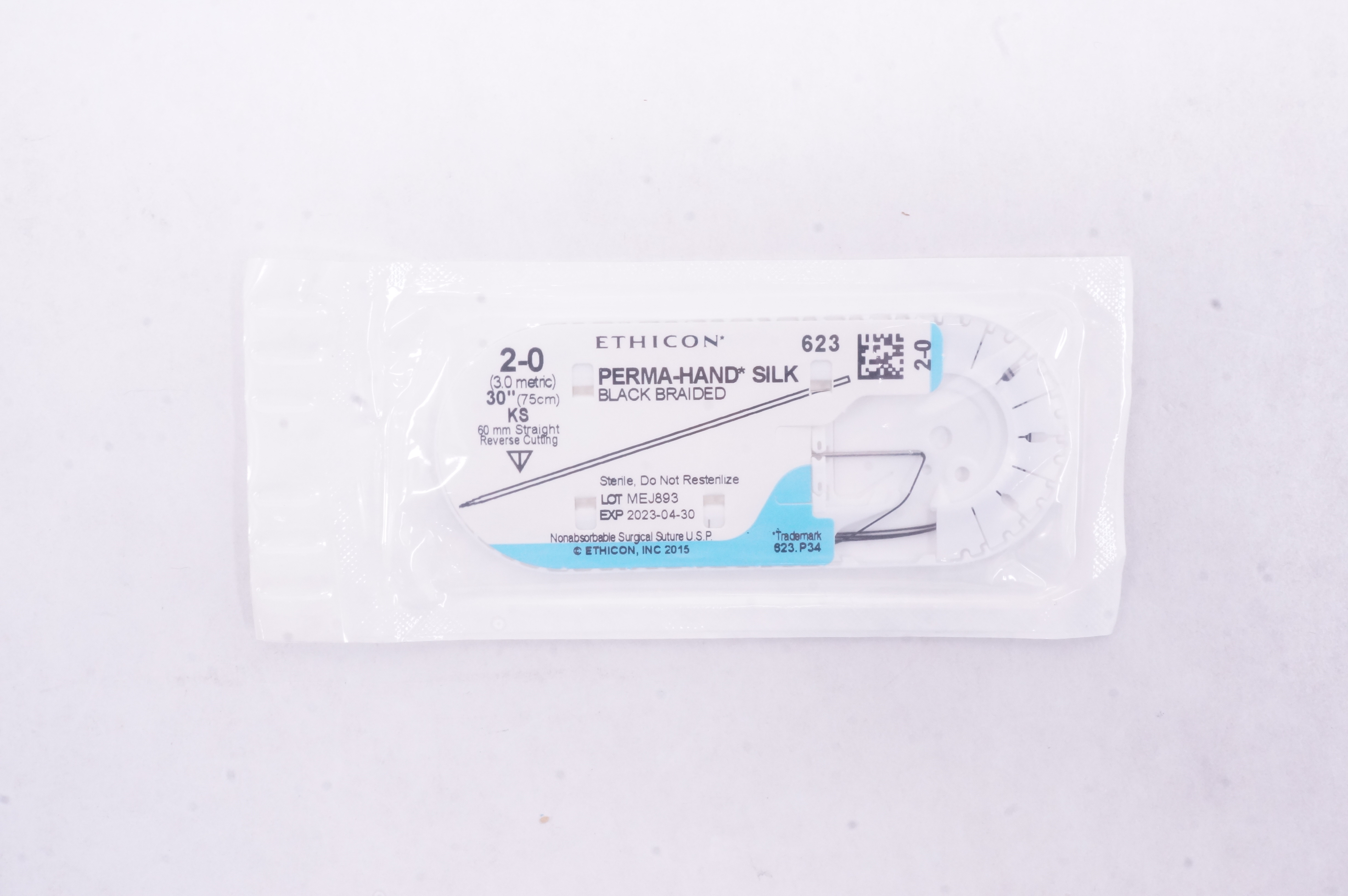 Ethicon 623 2-0 PERMA-HAND SILK, KS, 60mm Straight Reverse Cutting, 30inch