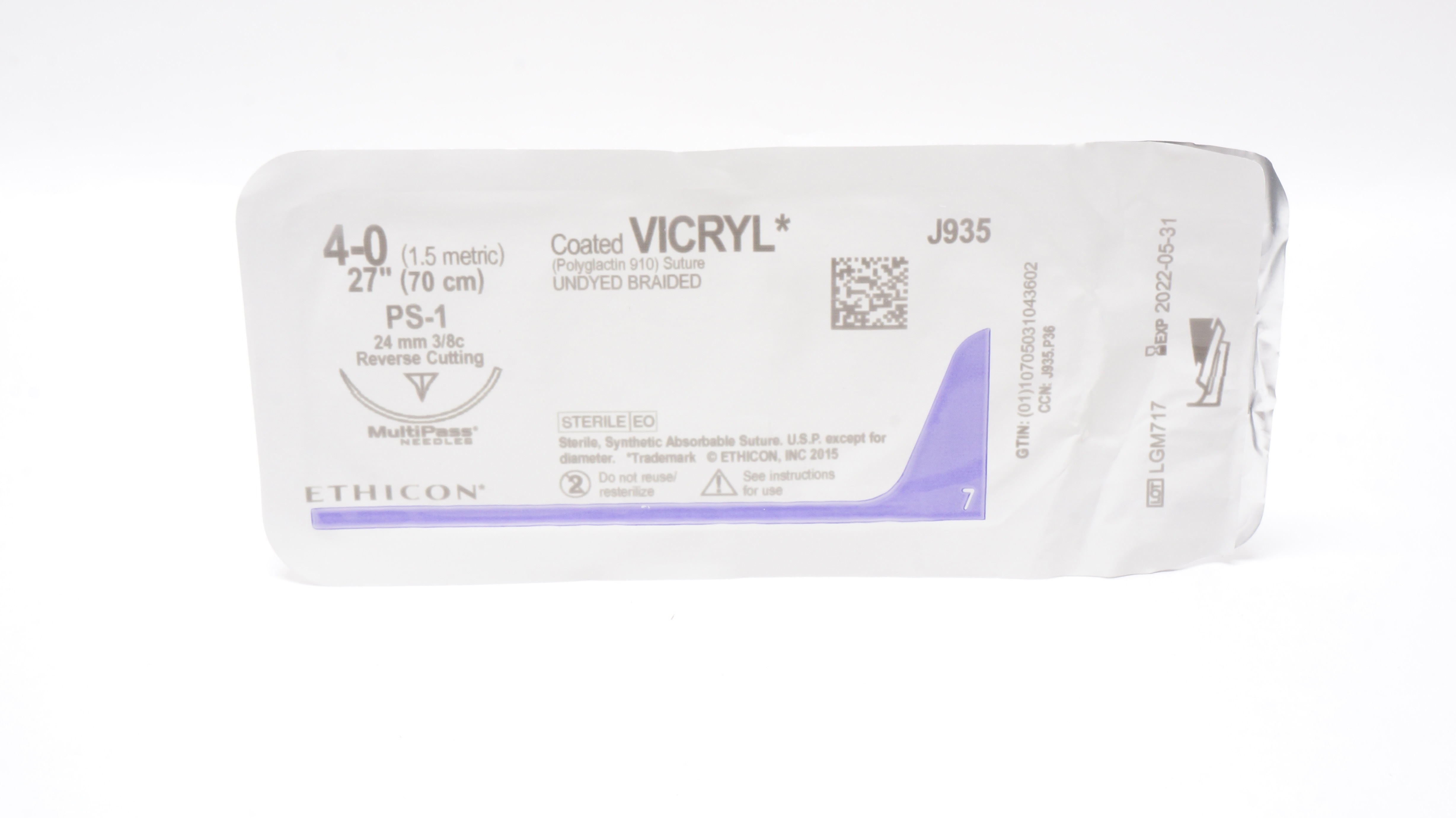 Ethicon J935 4-0 Coated VICRYL Stre PS-1 24mm 3/8c Reverse Cutting, 27inch (x)