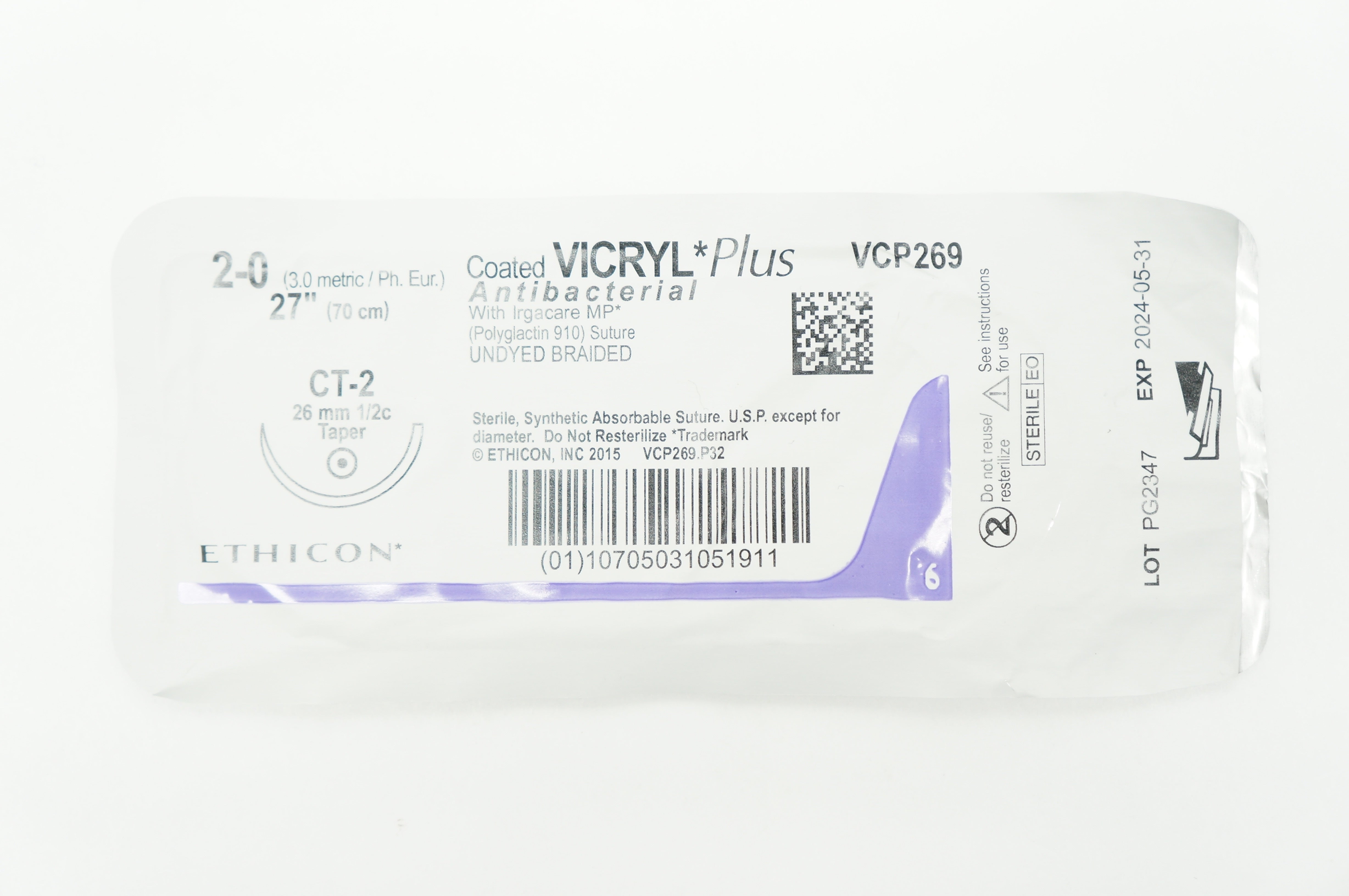 Ethicon VCP269 2-0 VICRYL Plus CT-2 26mm 1/2c Taper 27 inch