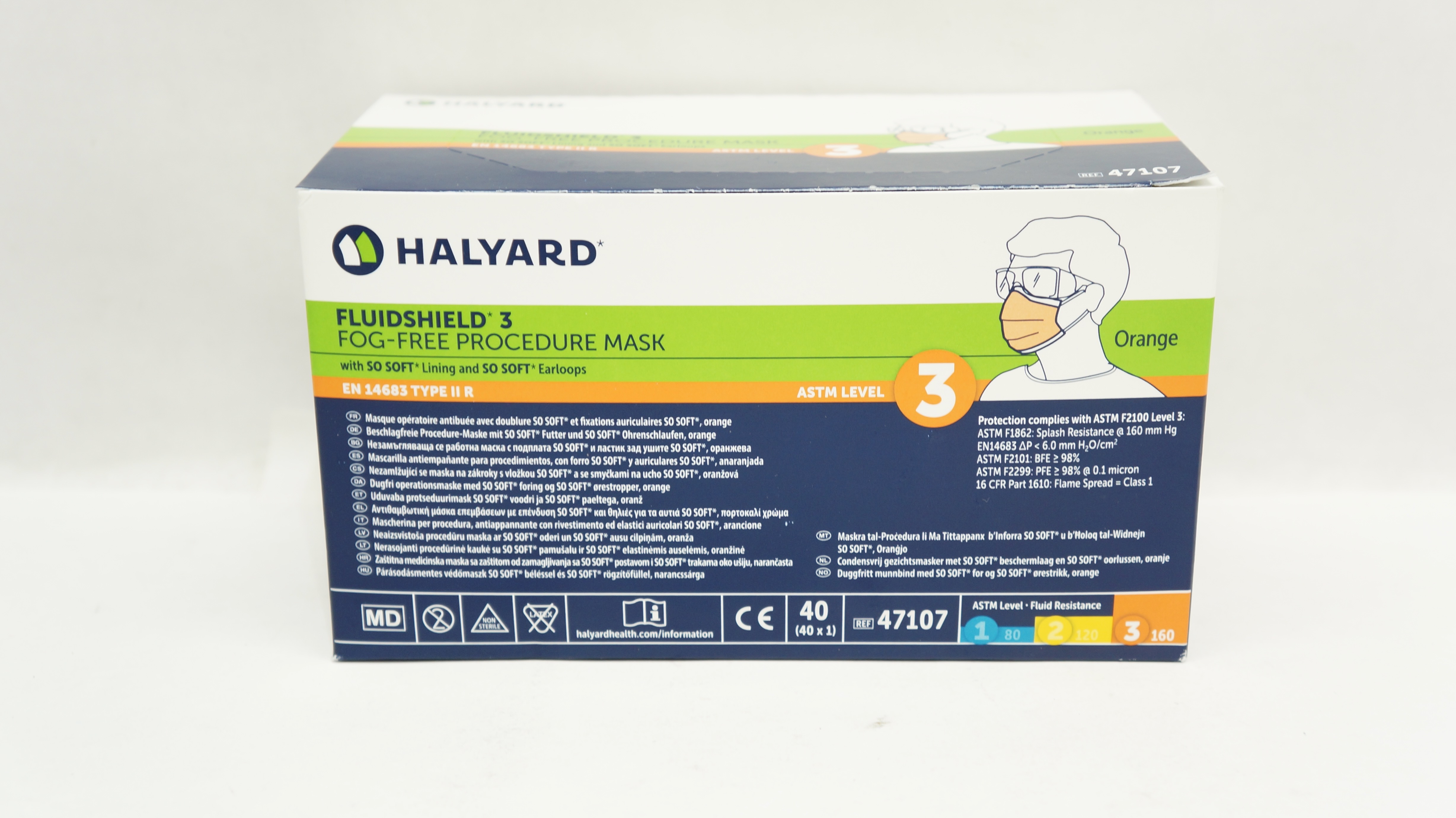 Halyard 47107 Fluidshield 3 Fog-Free Procedure Mask ASTM Level 3 - Box of 40