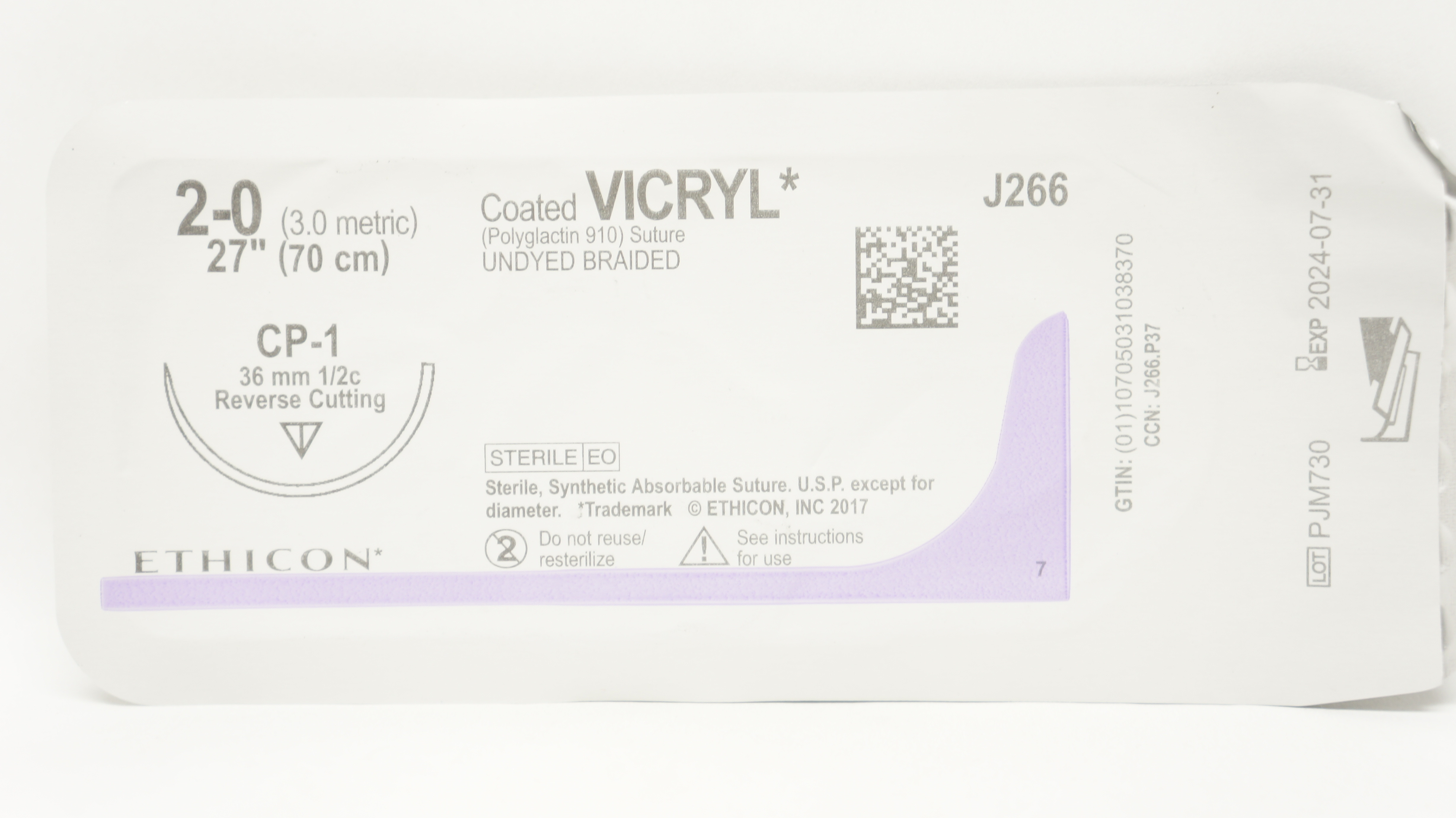 Ethicon J266 2-0 VICRYL, CP-1, 36mm 1/2c Reverse Cutting, 27inch