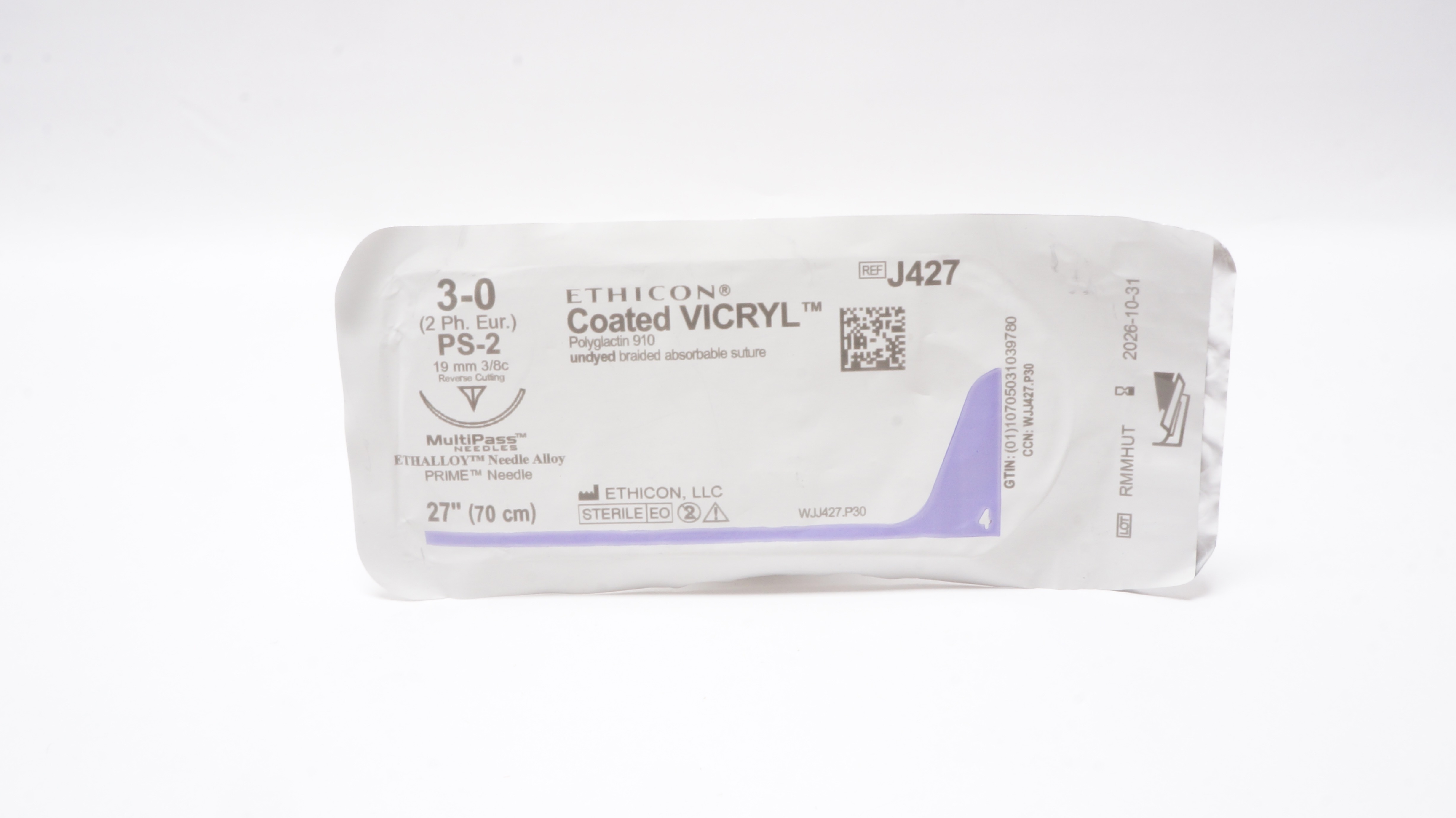 Ethicon J427 3-0 Coated VICRYL Stre PS-2 19mm 3/8c Reverse Cutting 27inch