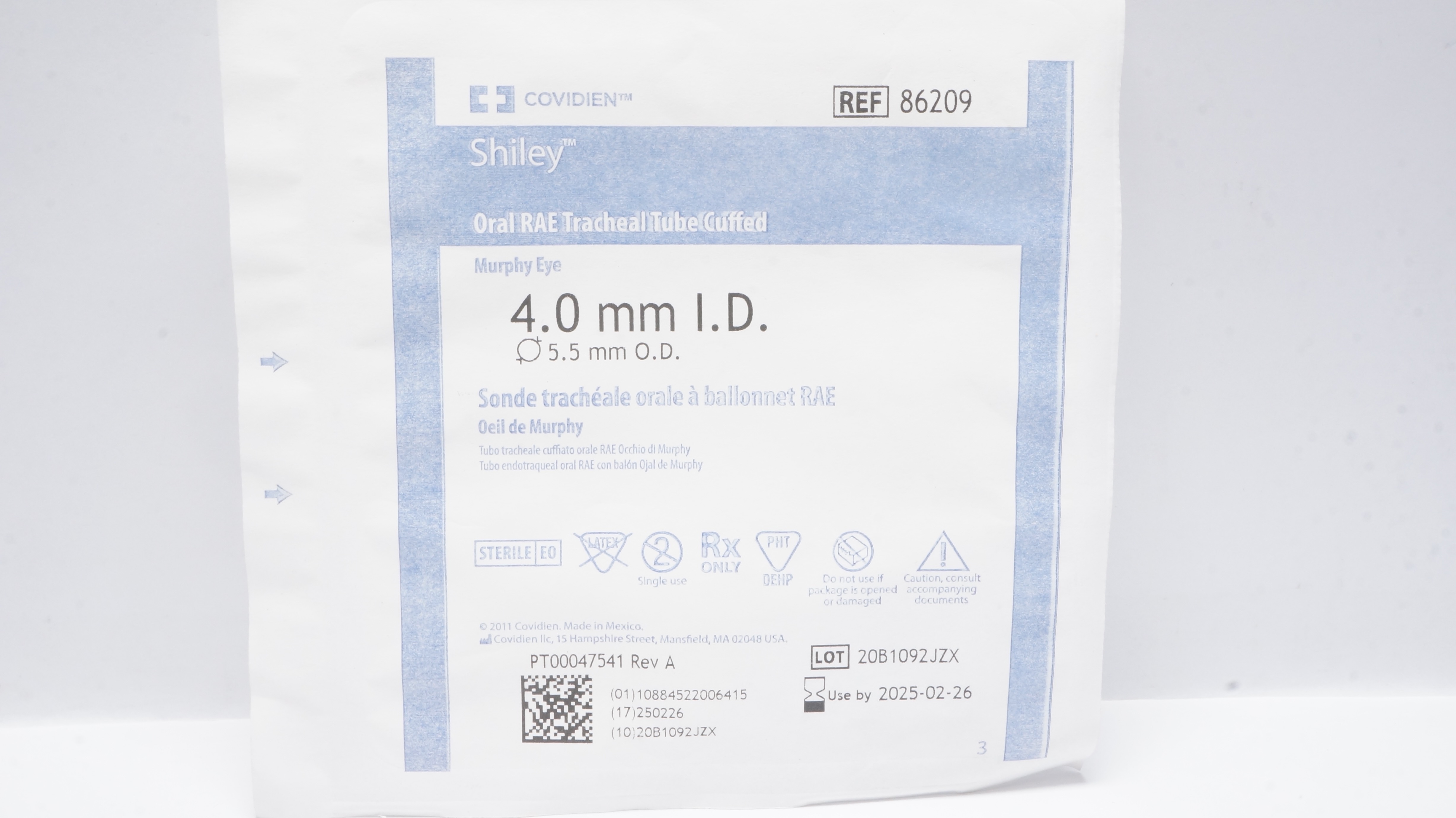Covidien 86209 Shiley Oral RAE Tracheal Tube Cuffed 4.0mm ID x 5.5mm OD