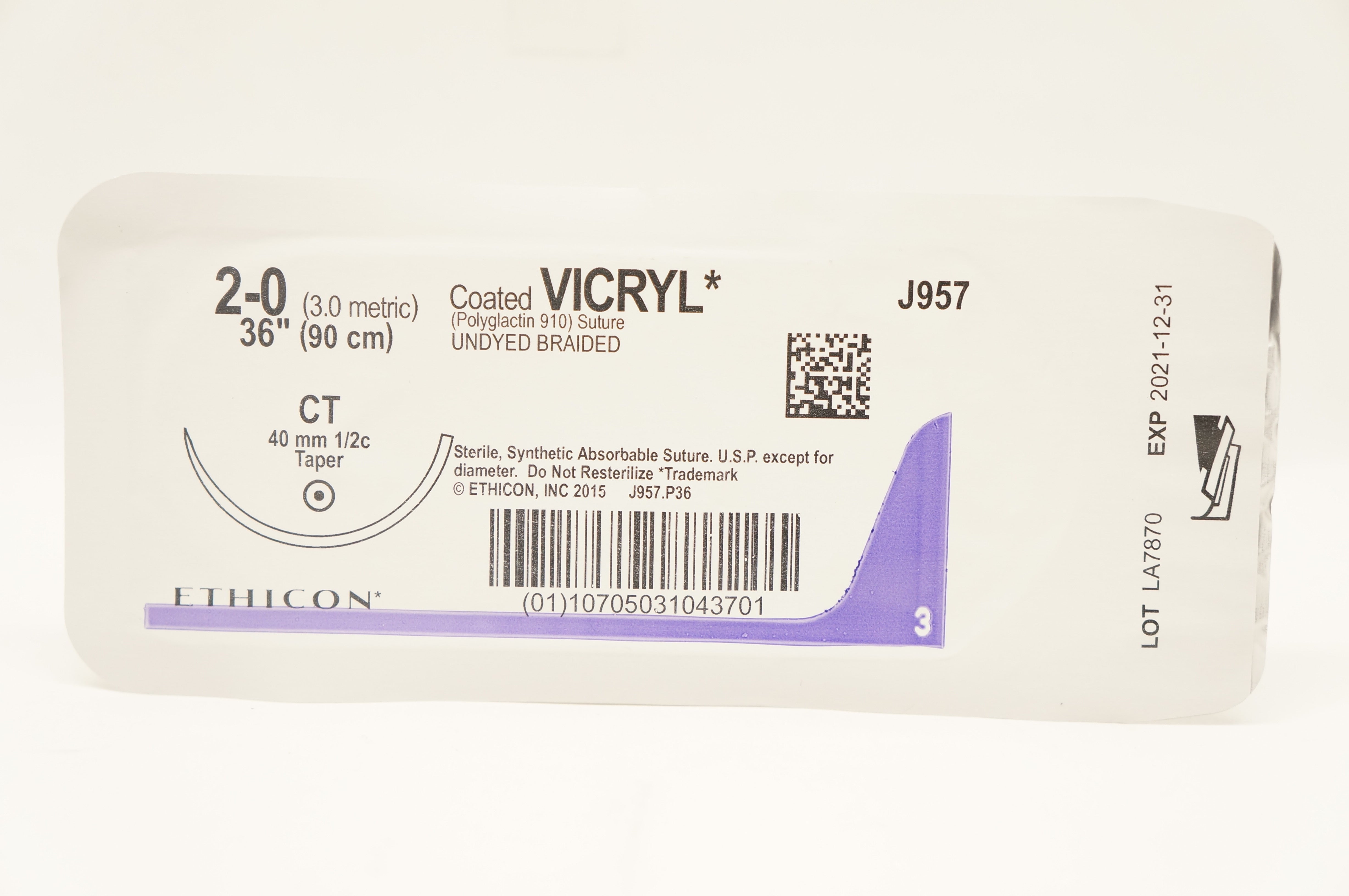 Ethicon J957 2-0 Coated VICRYL CT 40mm 1/2c Taper 36inch (x)
