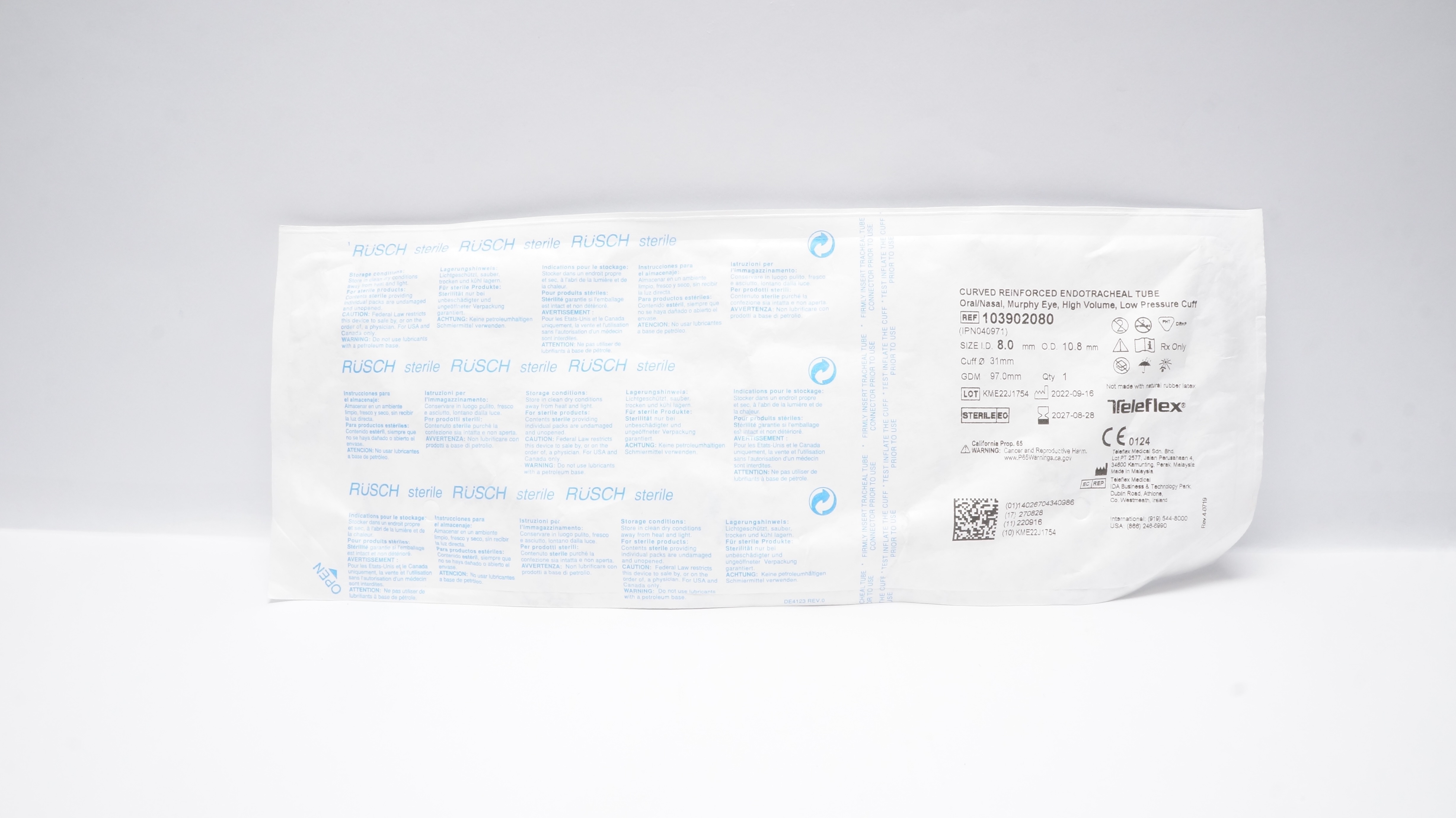 Teleflex 103902080 Curved Endotracheal Tube 8.0mm I.D. x 10.8mm O.D.