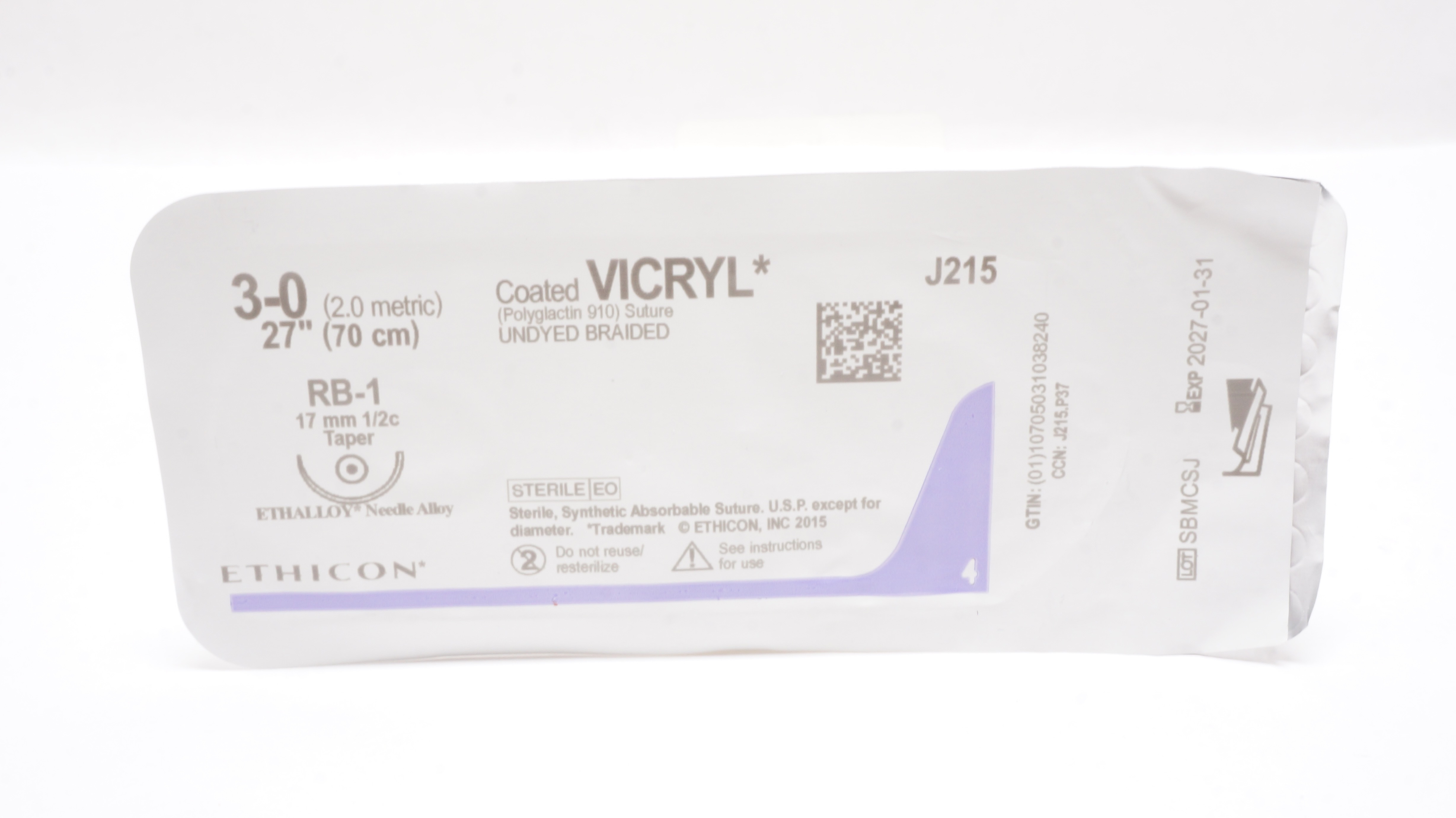 Ethicon J215 3-0 Coated VICRYL Polyglactin 910 Stre RB-1 17mm 1/2c Taper, 27inch