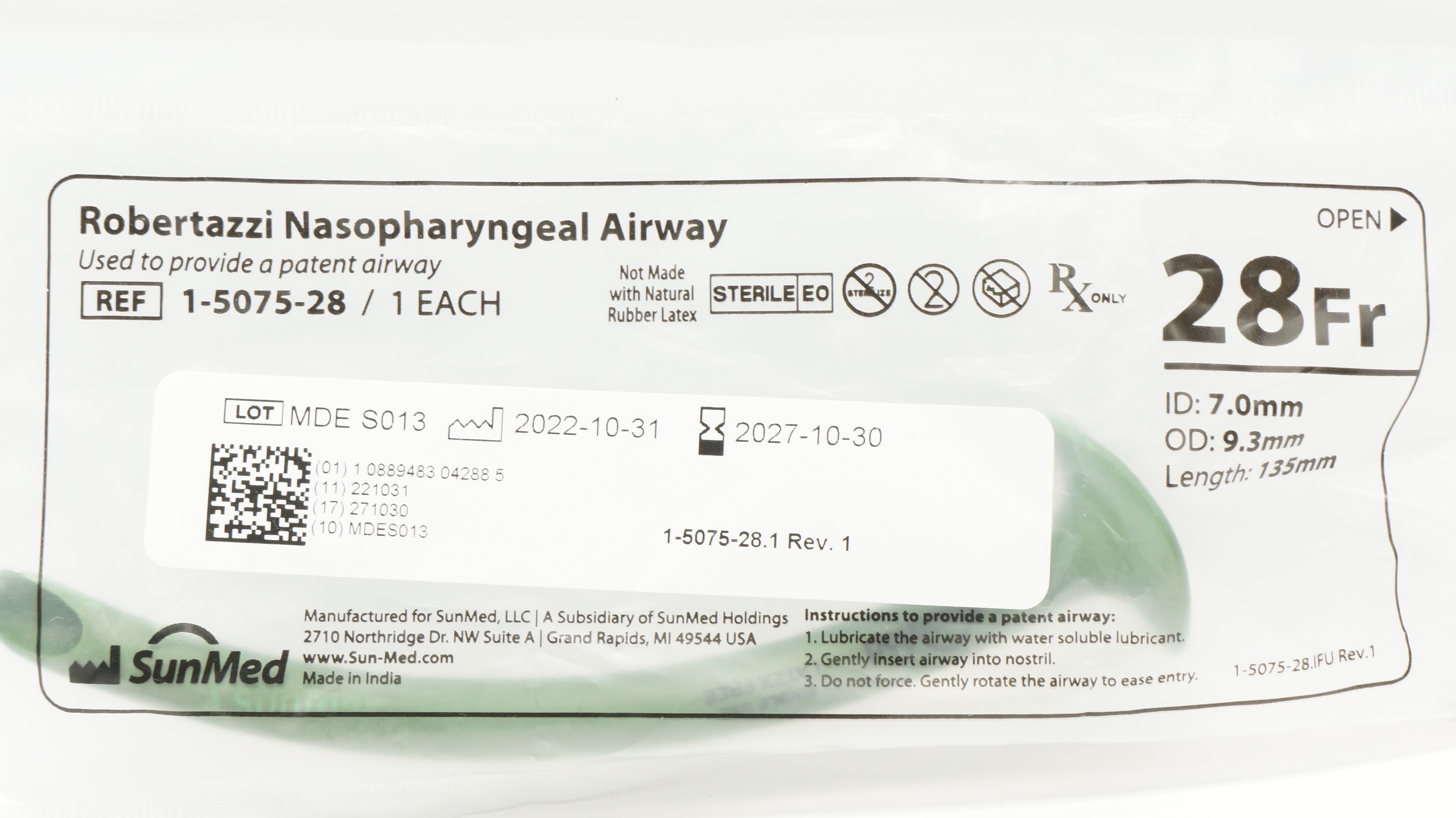 SunMed 1-5075-28 Robertazzi Nasopharyngeal Airway 28Fr 7.0ID x 9.3OD x 135mm