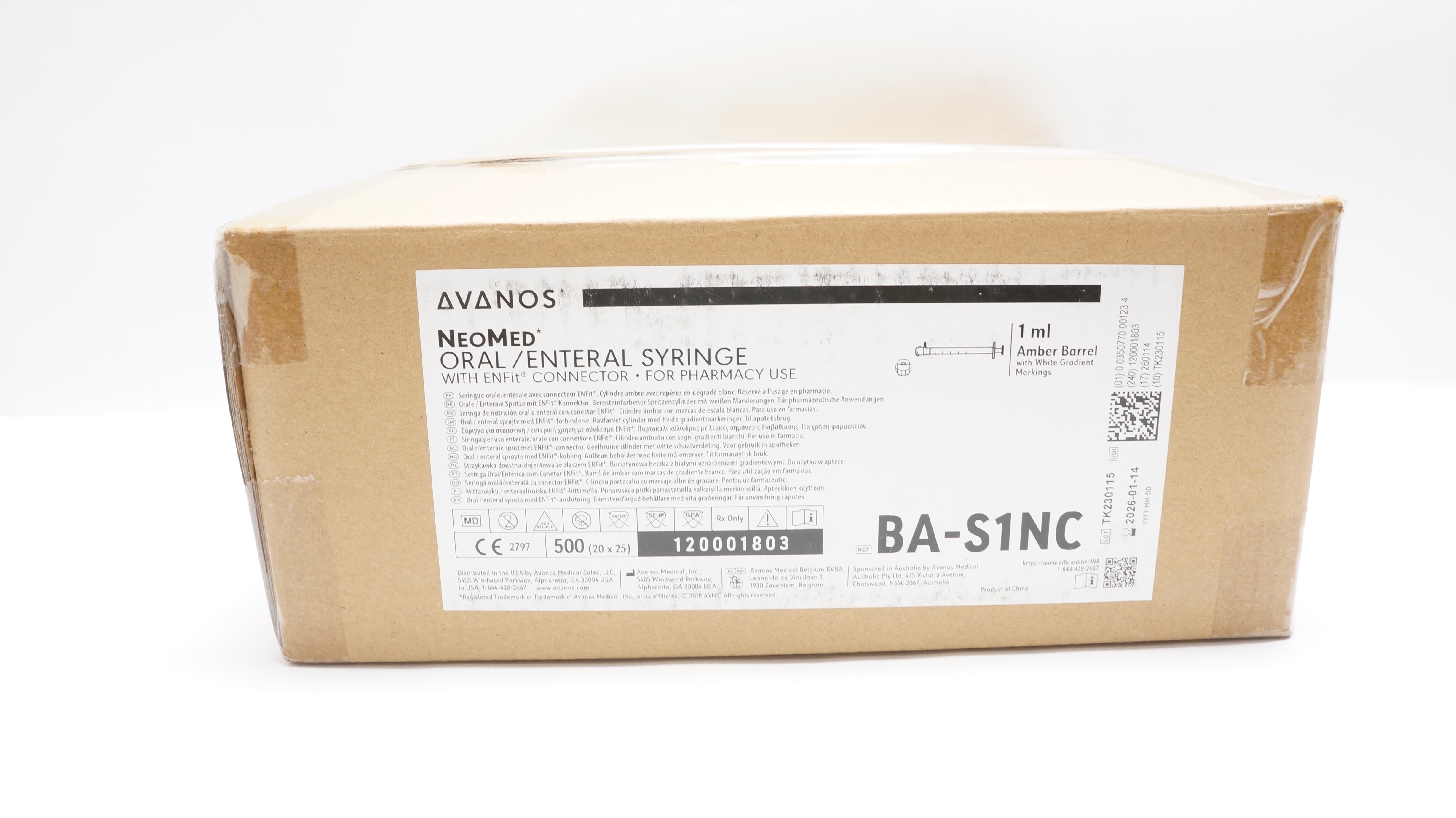 Avanos BA-S1NC-S neoMed Oral/Enteral Syringe w/ENFit Connector 1ml - Box of 500