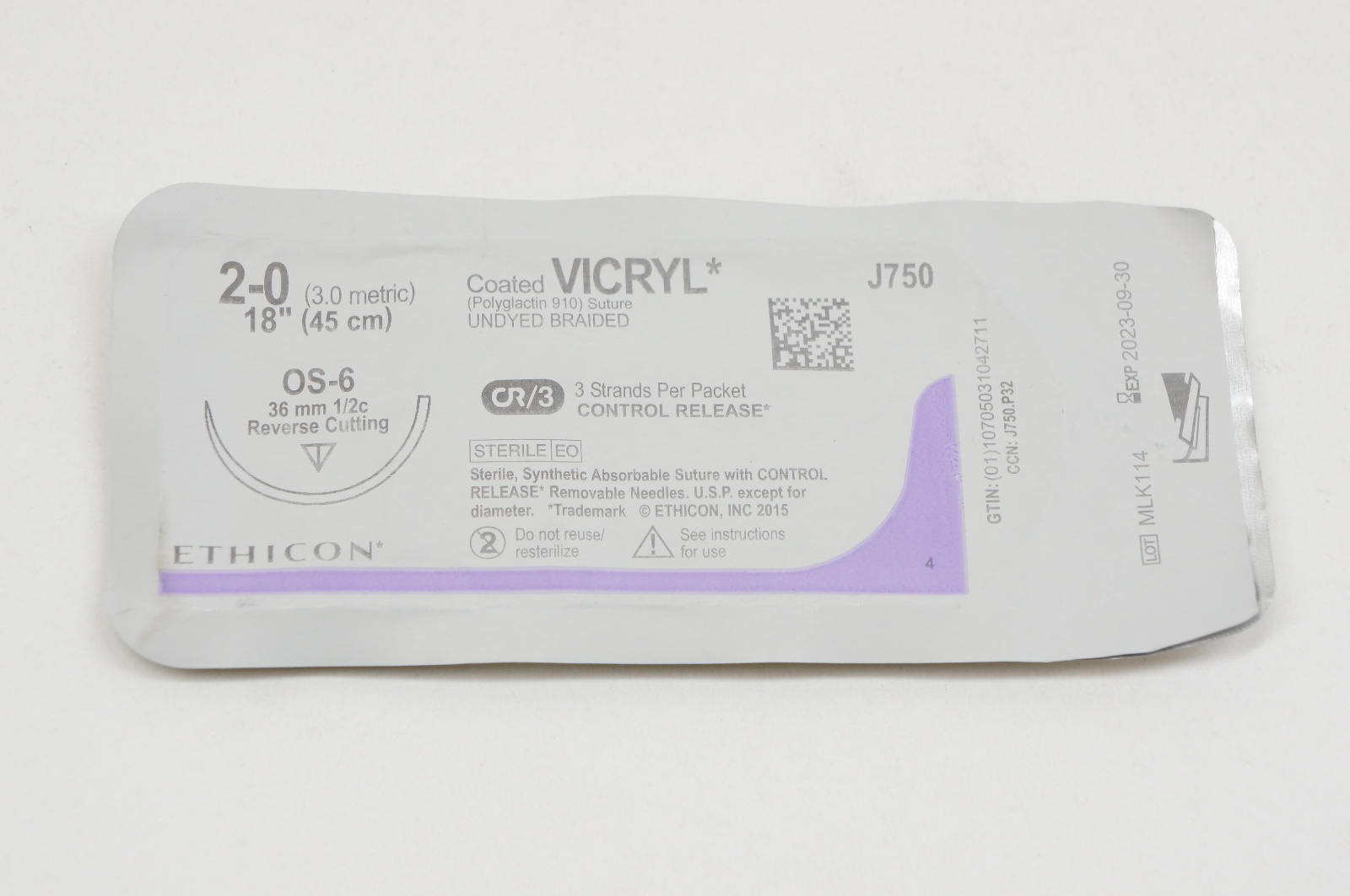 Ethicon J750 2-0 VICRYL, OS-6, 36mm 1/2c Reverse Cutting, 18inch