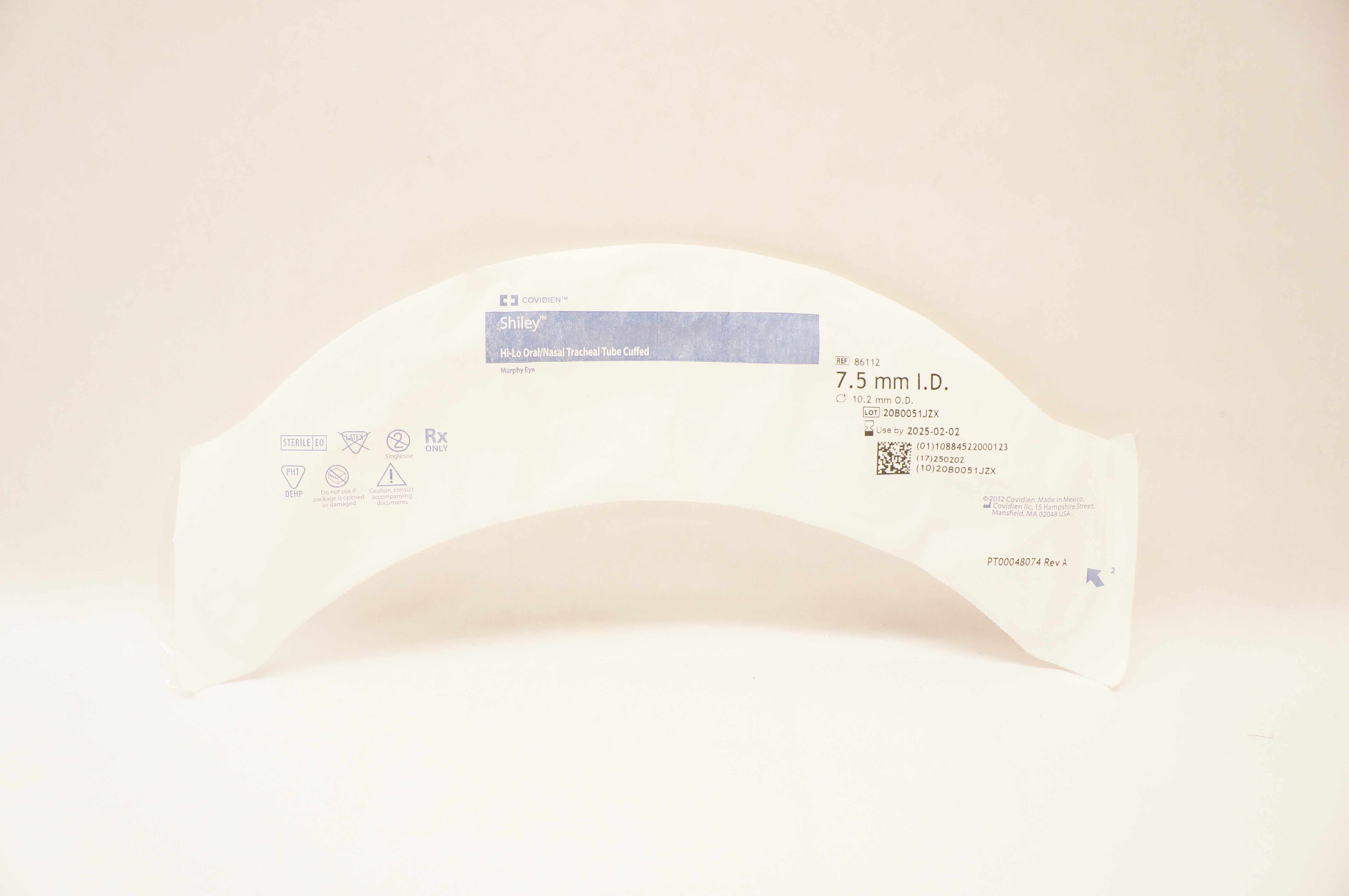 Covidien 86112 Shiley Hi-Lo Oral/Nasal Tracheal Tube Cuffed 7.5mm ID x 10.2mm OD