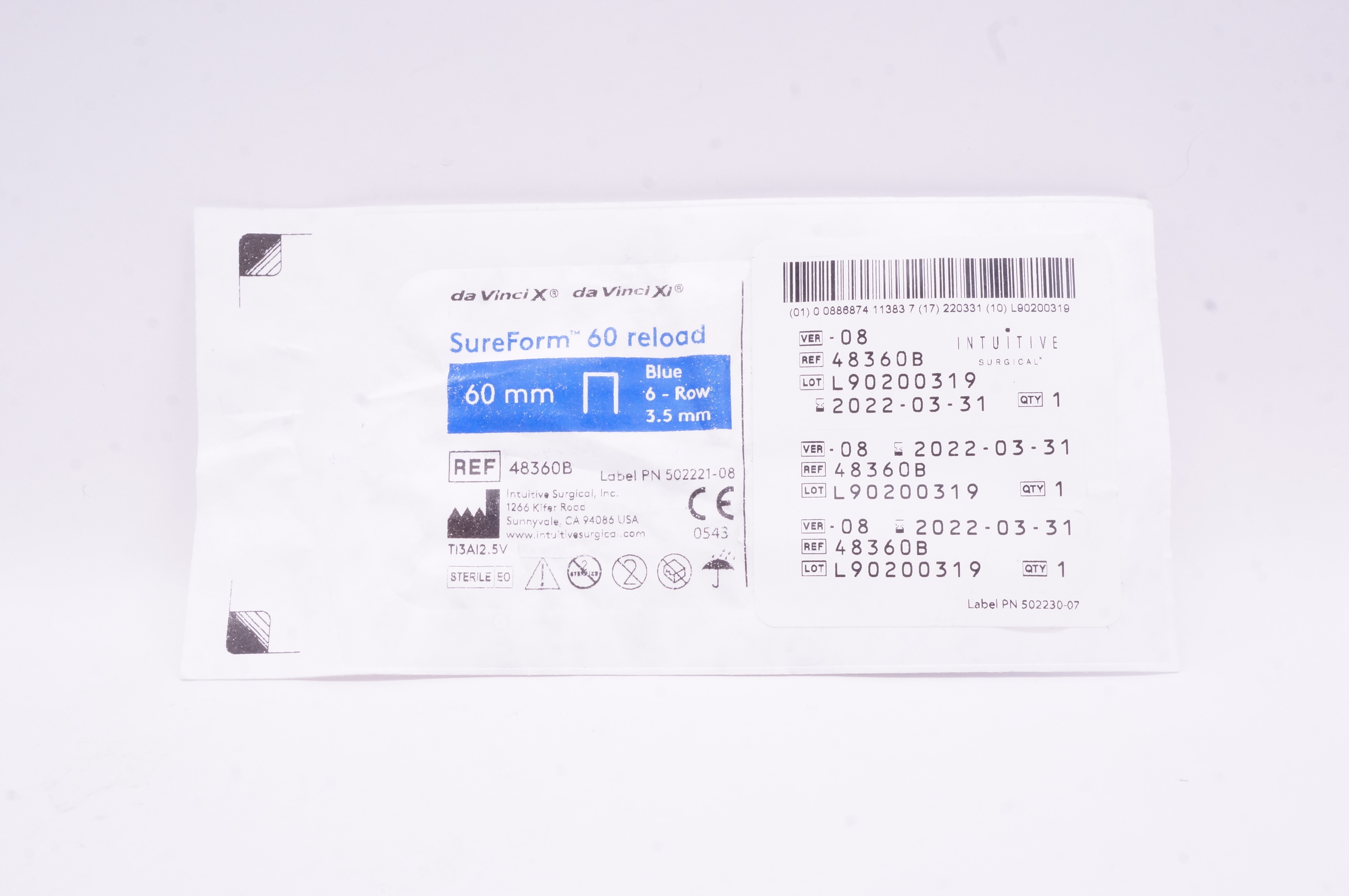 Intuitive 48360B da Vinci X da Vinci Xi SureForm 60mm Reload 6-Row Blue 3.5mm