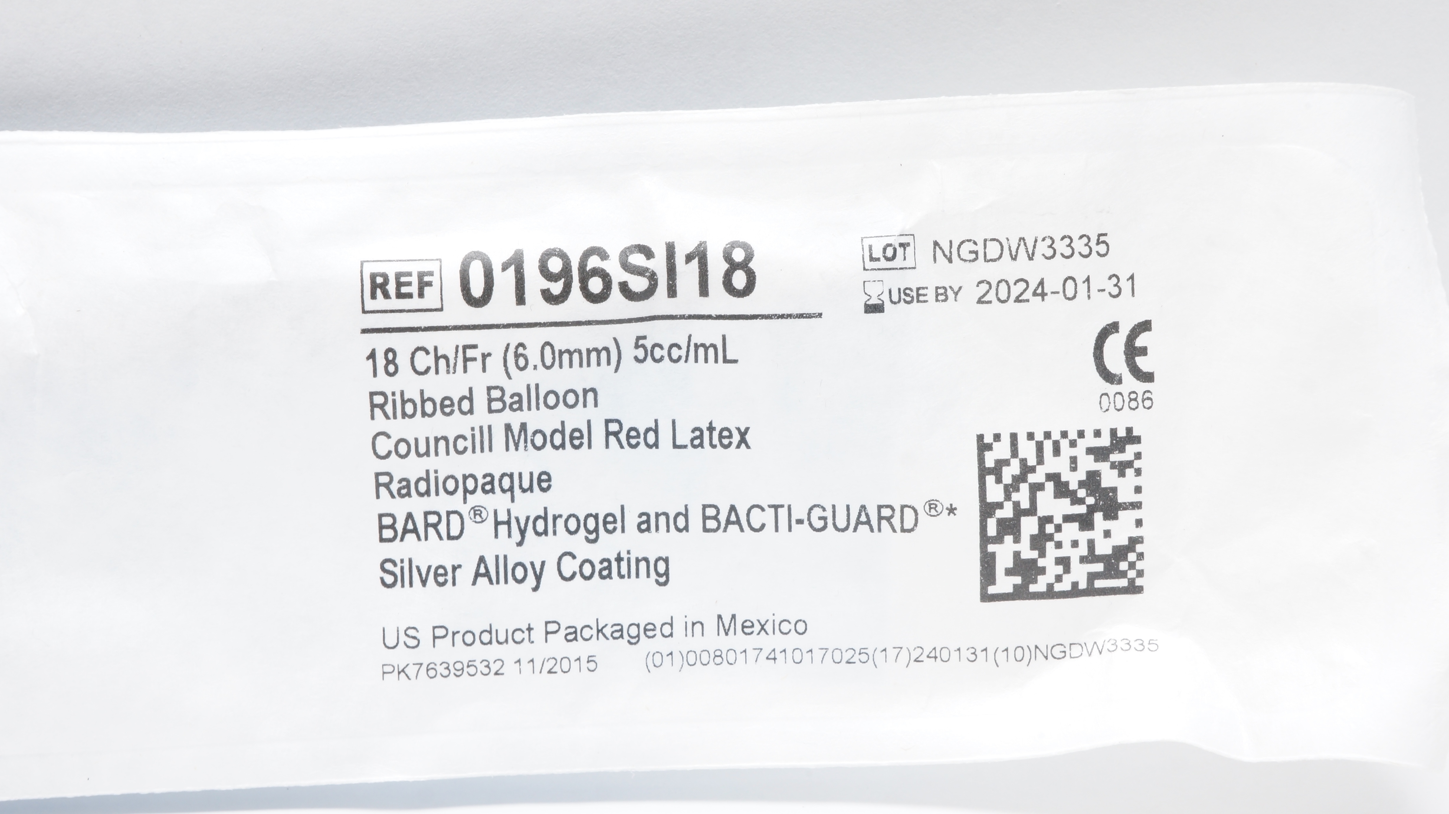 Bard 0196SI18 Bardex I.C. Anti-Infective Foley Cath. 18Ch/Fr 5cc/mL (x)