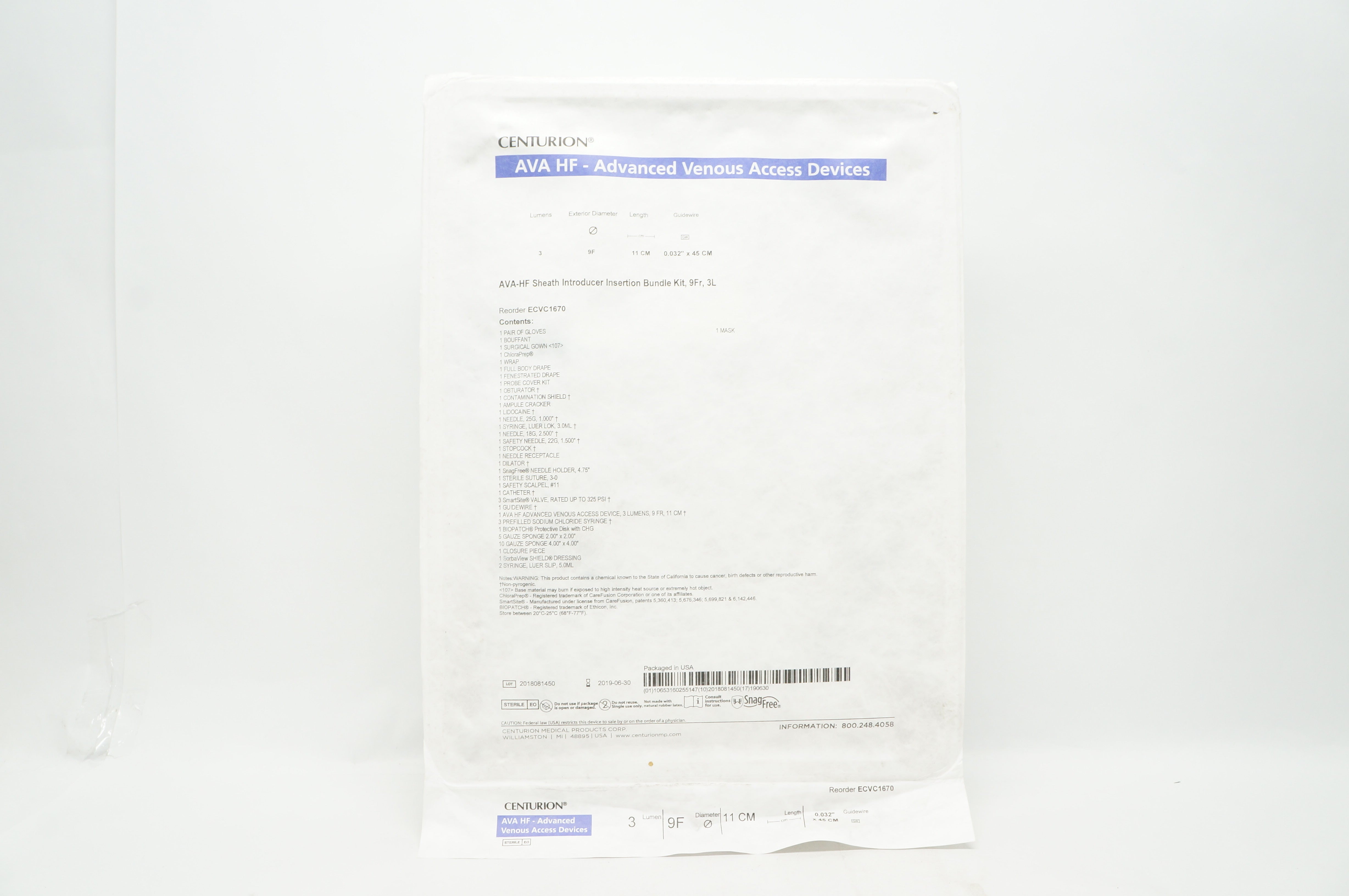 Centurion ECVC1670 AVA HF Advanced Venous Access Devices 3 Lumen 9F 11cm (x)