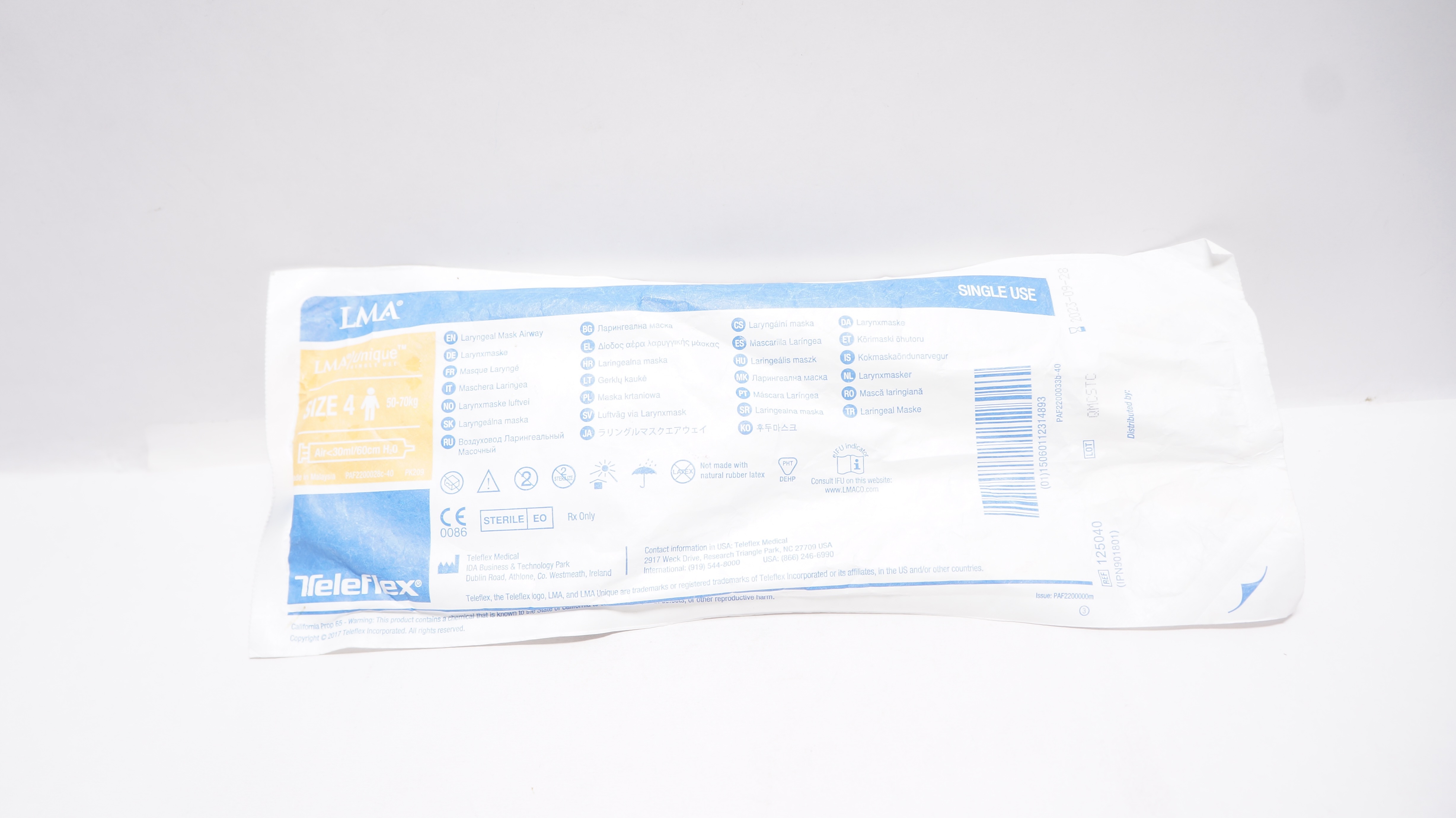 Teleflex 125040 LMA Unique Laryngeal Mask Airway Size 4 50-70kg Air<30ml/60cm(x)