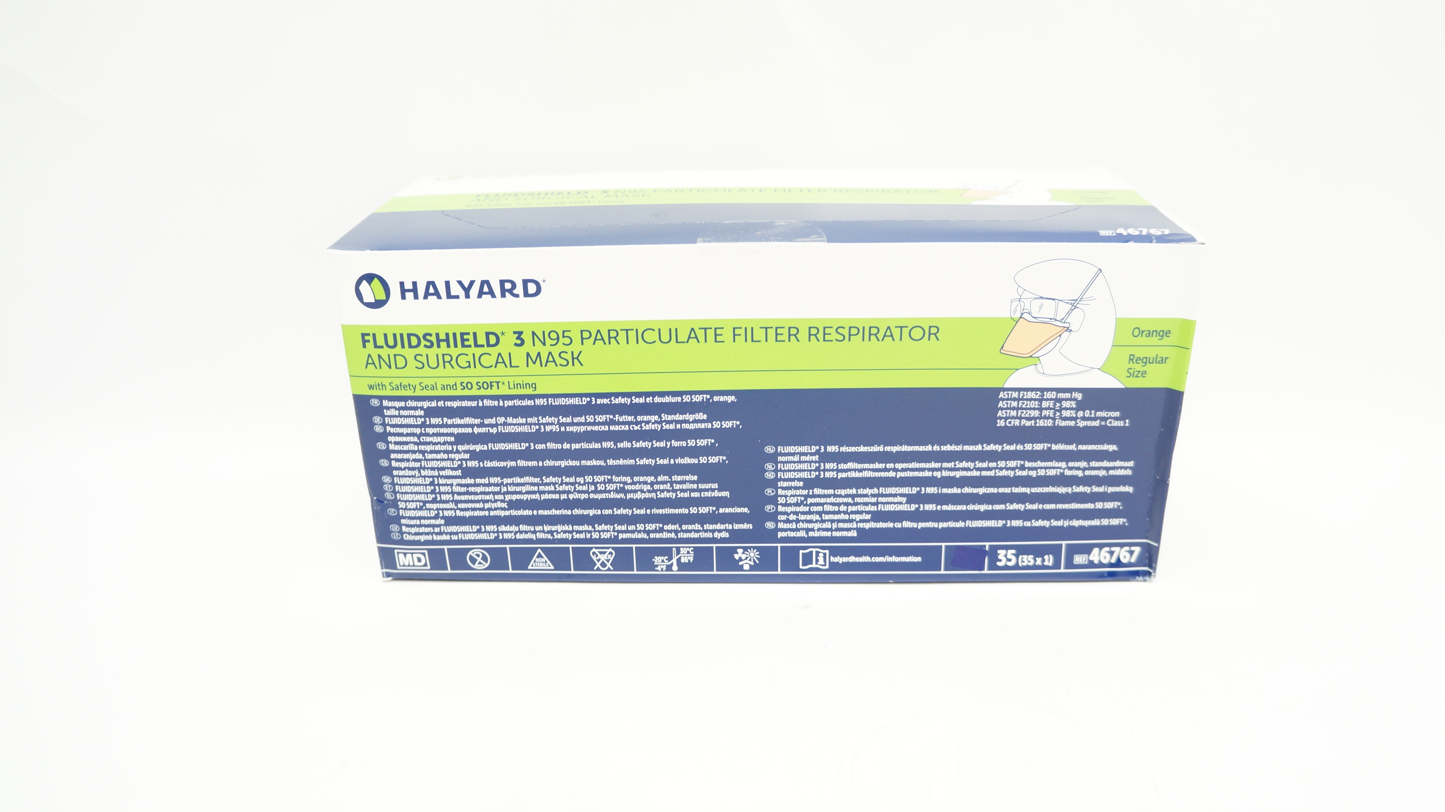 Halyard 46767 FLUIDSHIELD 3 N95 Particulate Filter Respirator Regular -Box of 35
