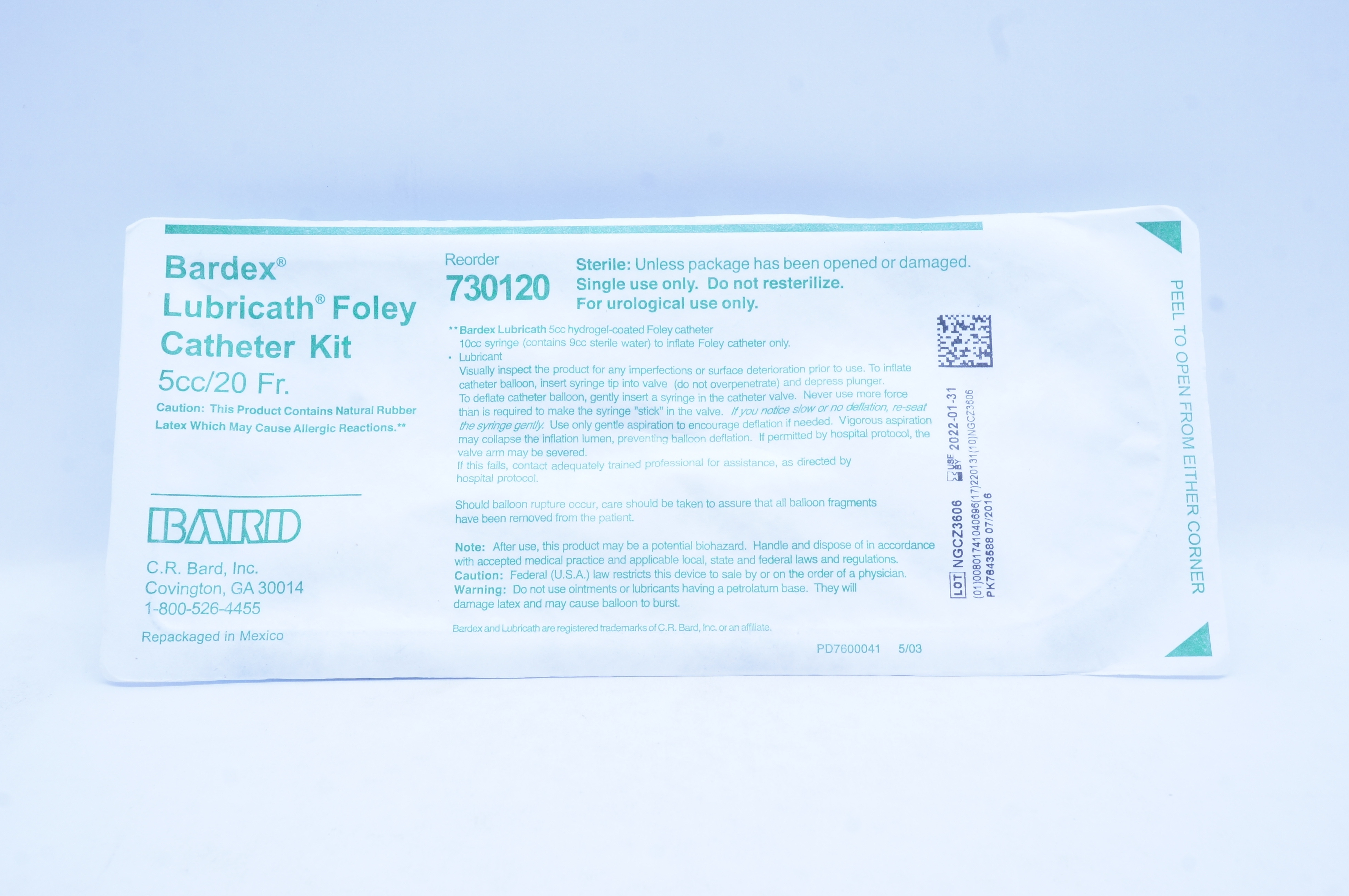 Bard 730120 Bardex Lubricath Foley Cath. Kit 20Fr /5cc