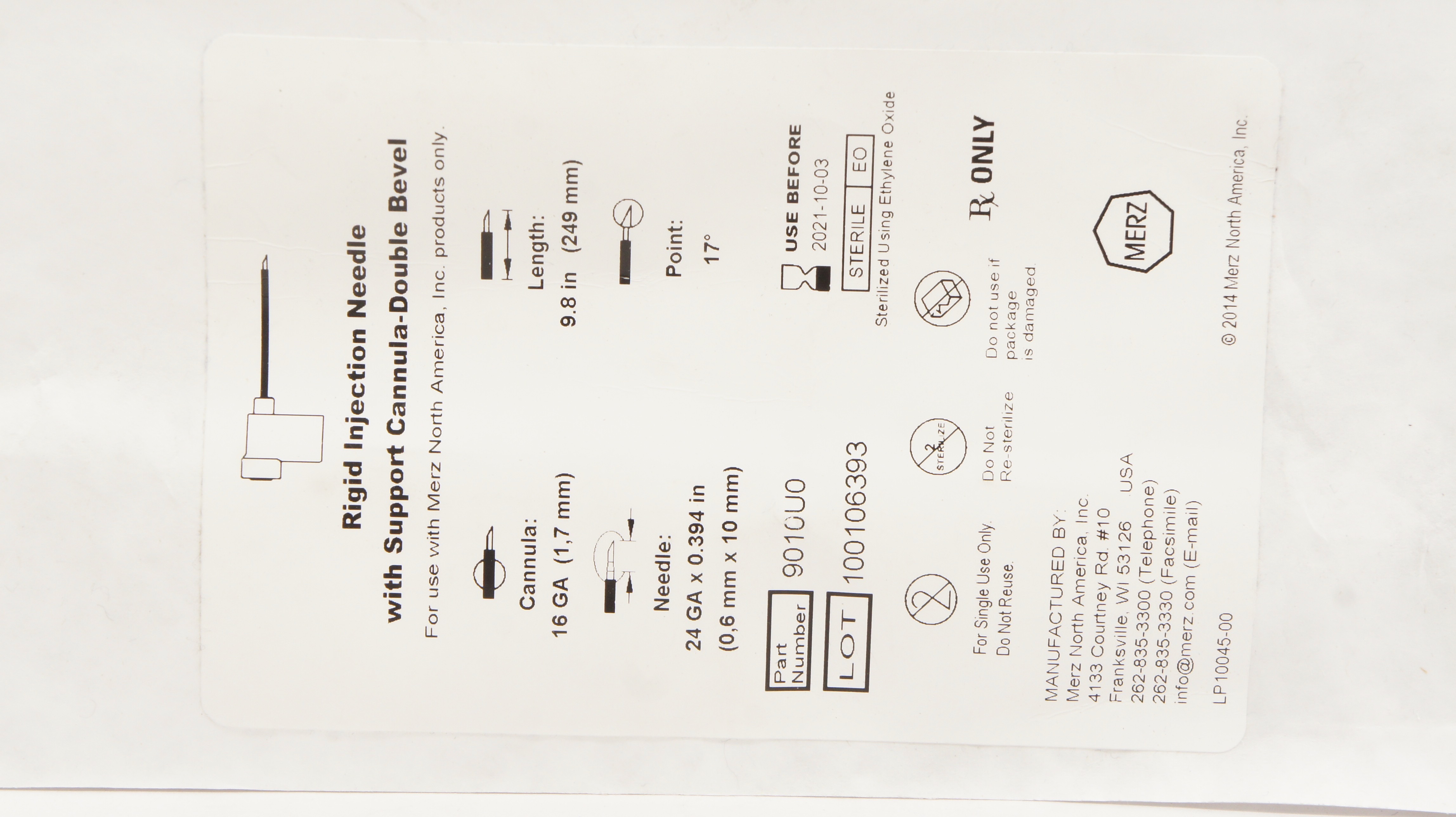 Merz 9010UO Rigid Injection Ndle 24GA x 0.394inch, 16GA x 9.8inch Cannula (x)