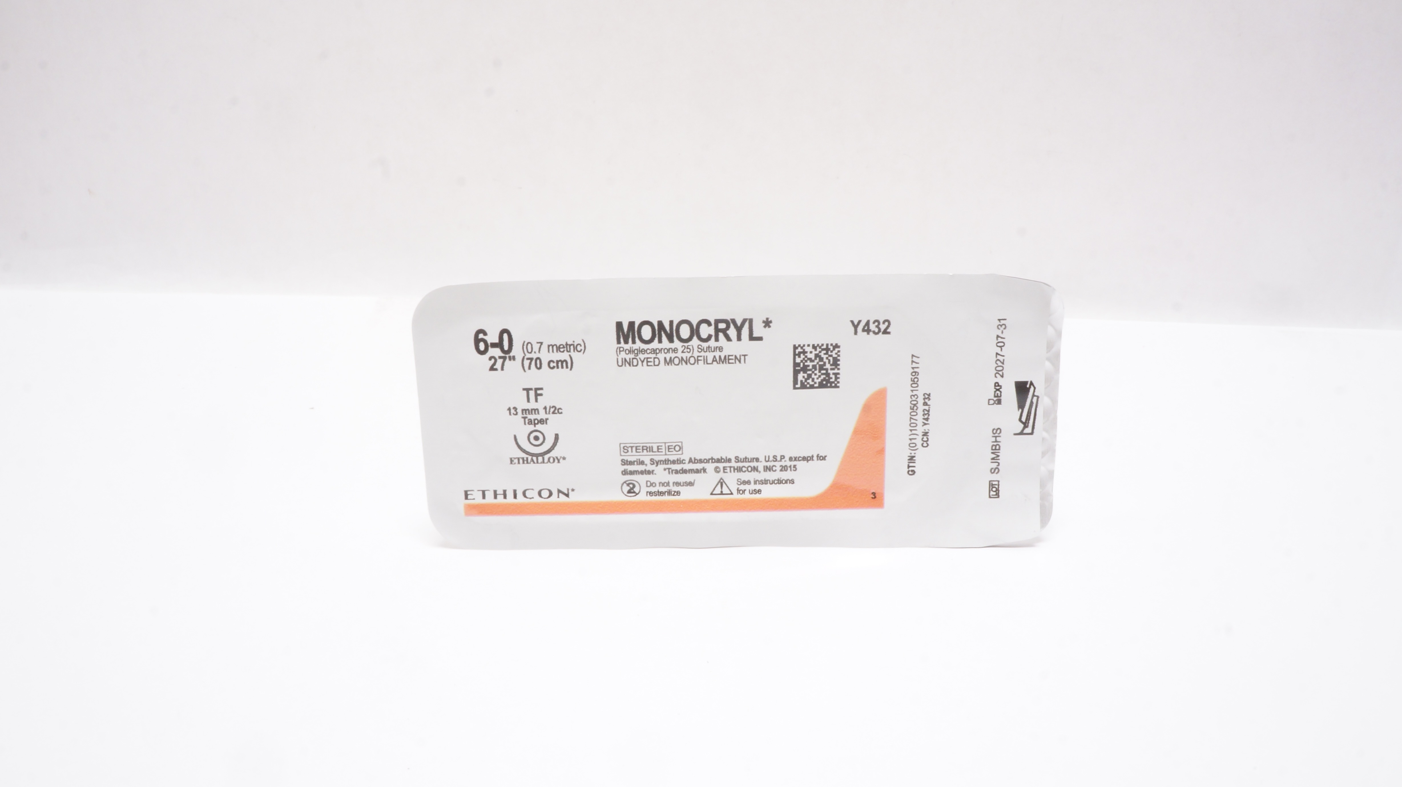 Ethicon Y432 6-0 MONOCRYL Stre Undyed TF 13mm 1/2c Taper, 27inch