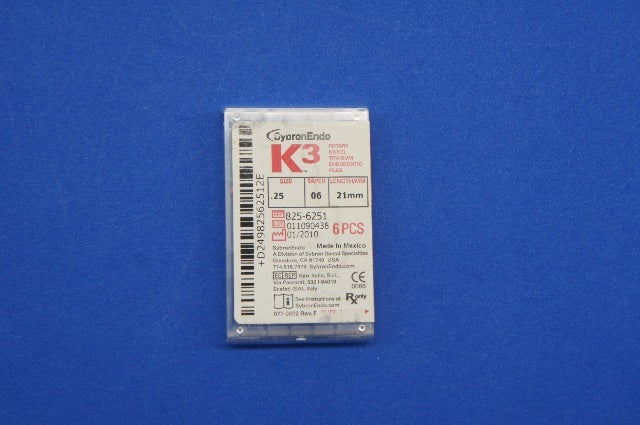 SybronEndo 825-6251 K3 Rotary Nickel Titanium Endodontic Files 0.25 ~ Box of 6