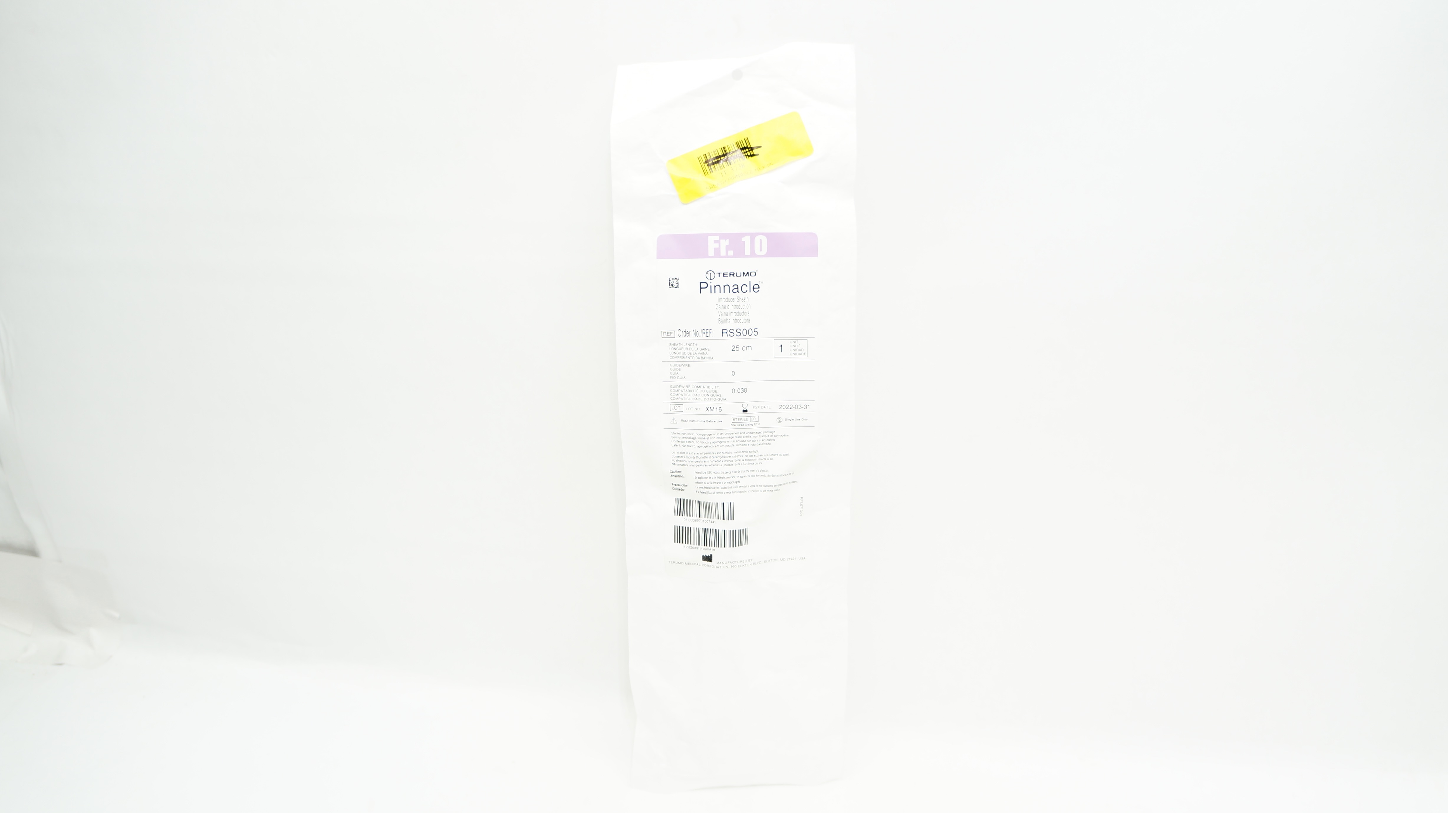 Terumo RSS005 Pinnacle Introducer Sheath 10Fr. x 25 cm x 0.038 inch (x)