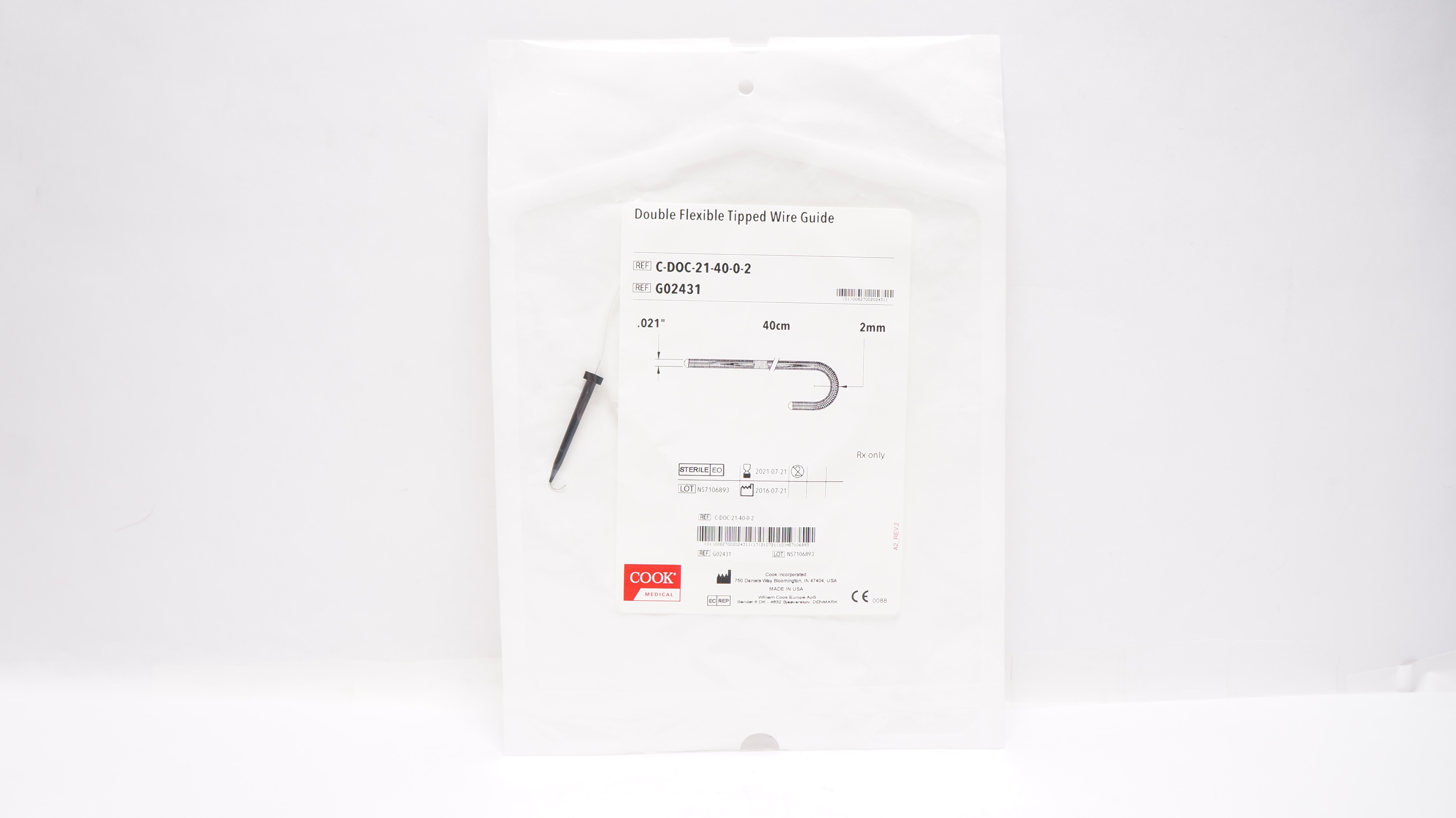 Cook Medical G02431 Double Flexible Tipped Wire Guide 0.021in x 40cm x 2mm (x)