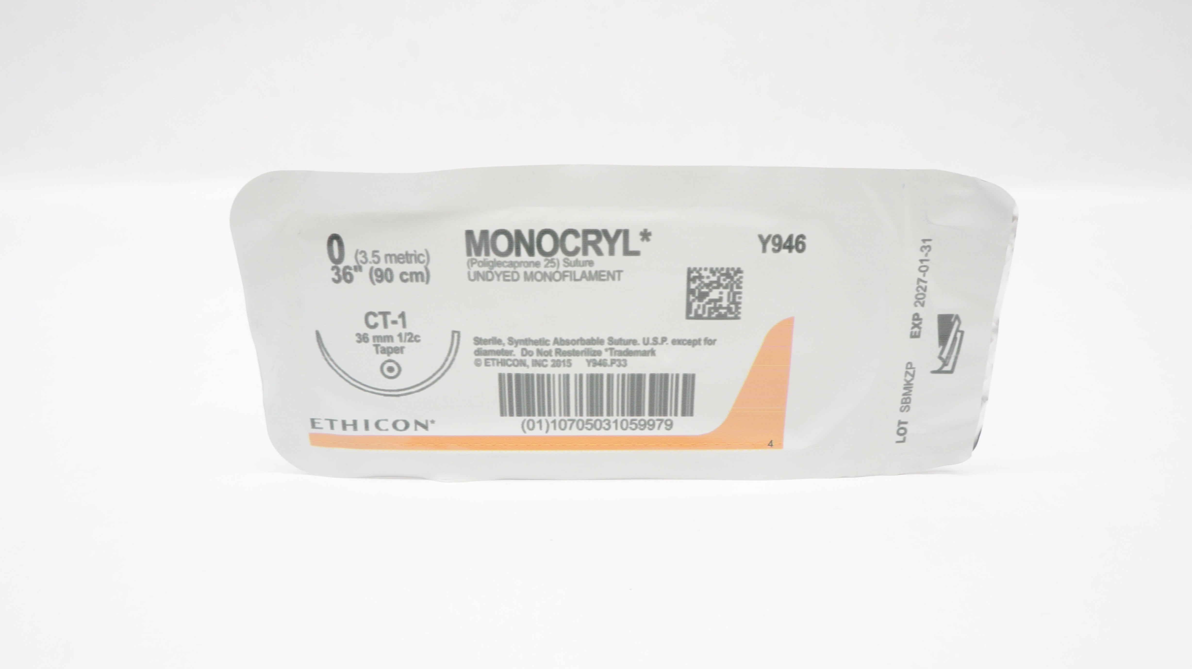 Ethicon Y946 0 MONOCRYL,  Undyed Monofilament, CT-1, 36mm 1/2c Taper, 36inch