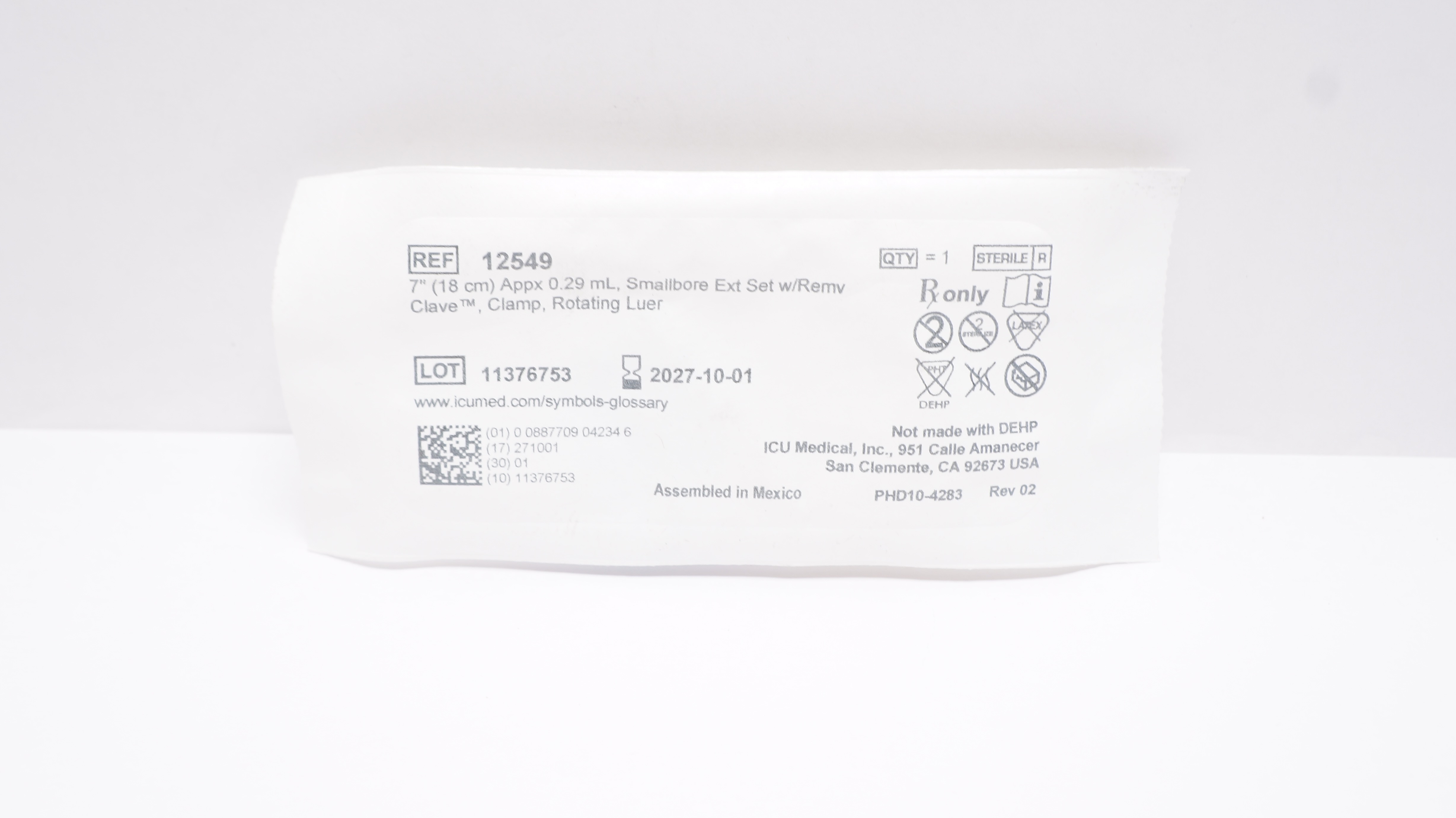 ICU Medical 12549 7 inch Appx. 0.3mL, Smallbore Extension Set
