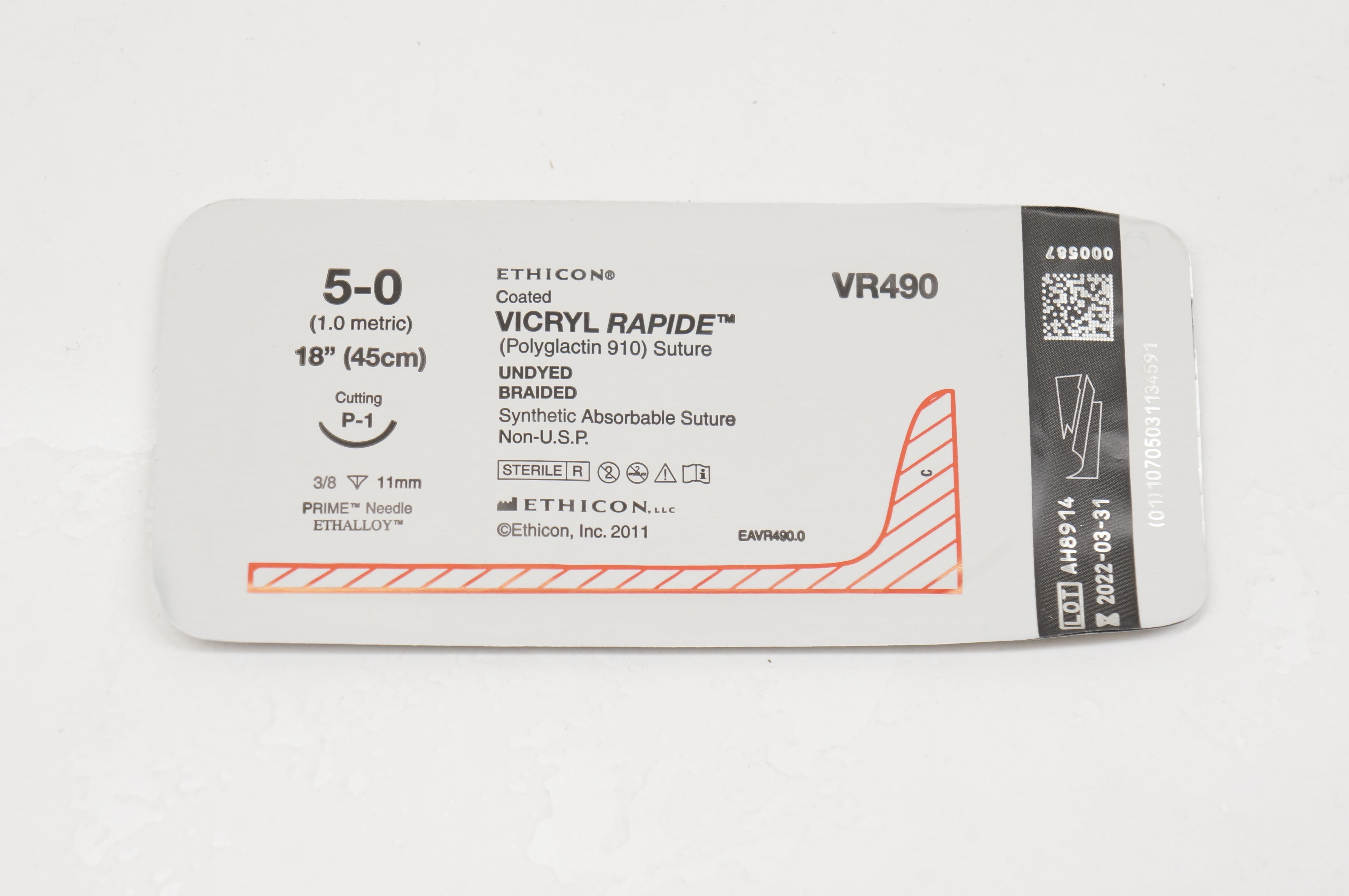 Ethicon VR490 5-0 VICRYL RAPIDE, P-1, 3/8c 11mm, 18inch