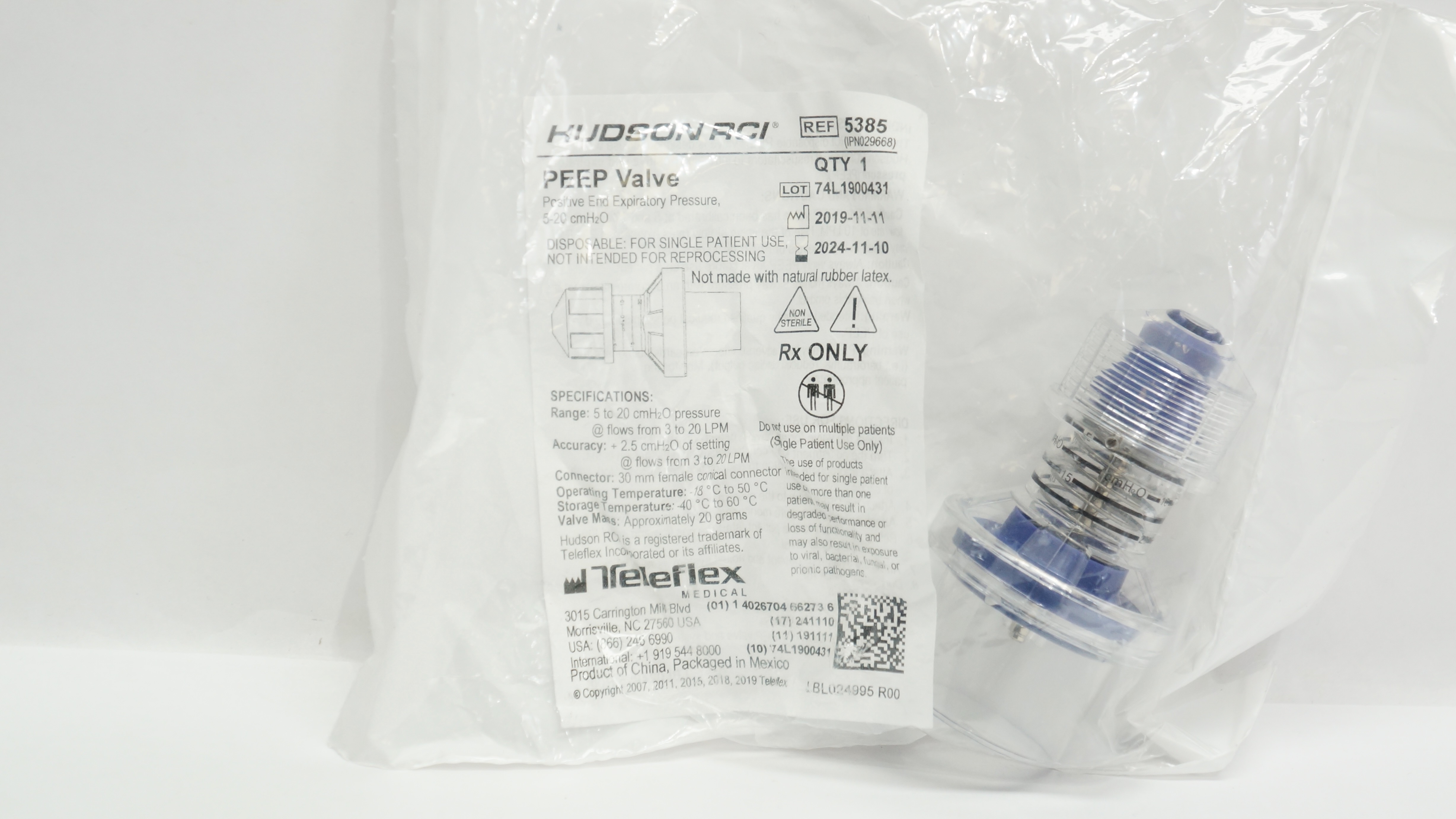Teleflex 5385 Hudson RCI Peep Valve Positive End Expiratory Pressure 5-20cm (x)