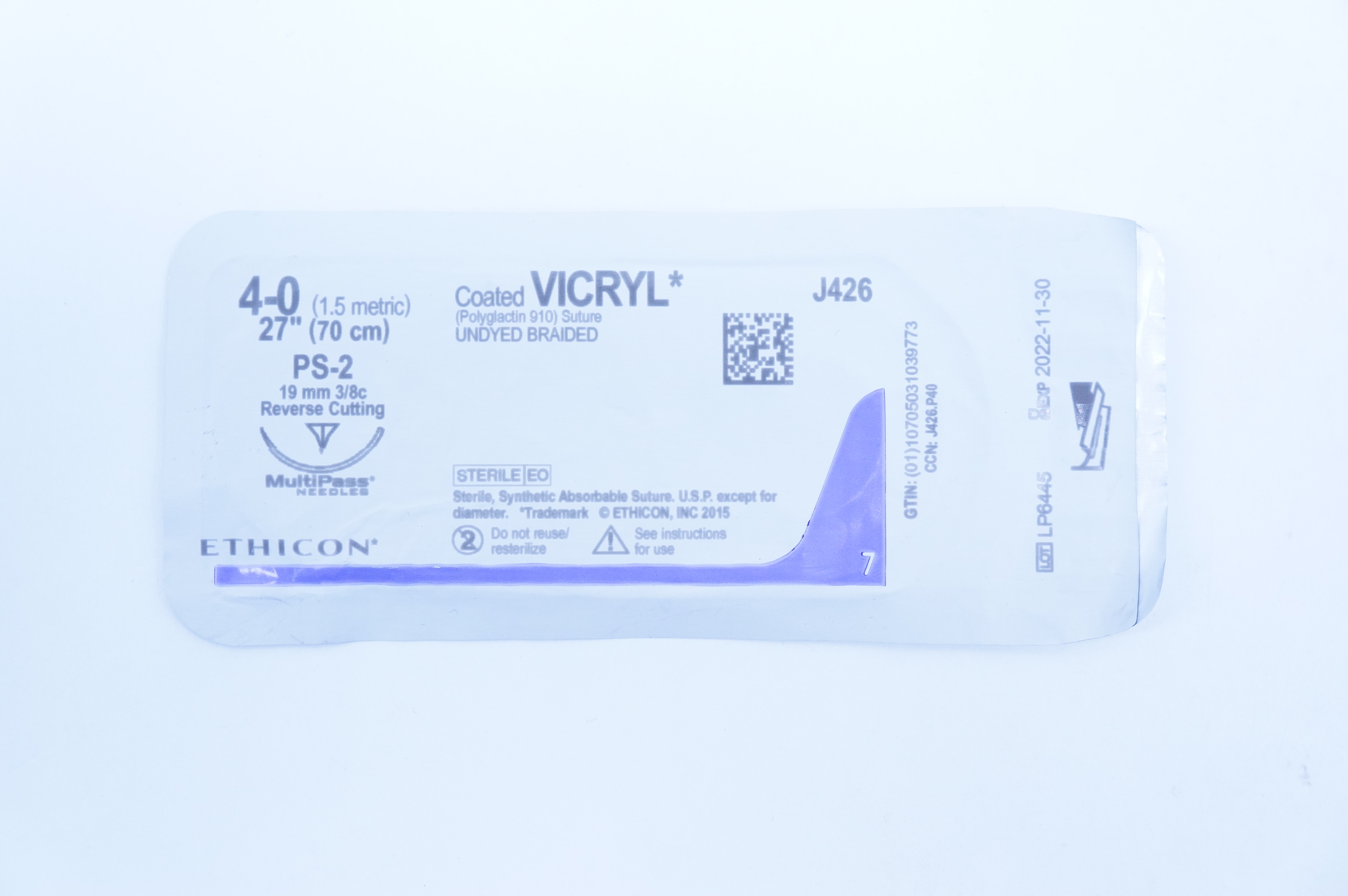 Ethicon J426 4-0 Vicryl Stre. Undyed Braided 27inch, PS-2 Reverse Cutting