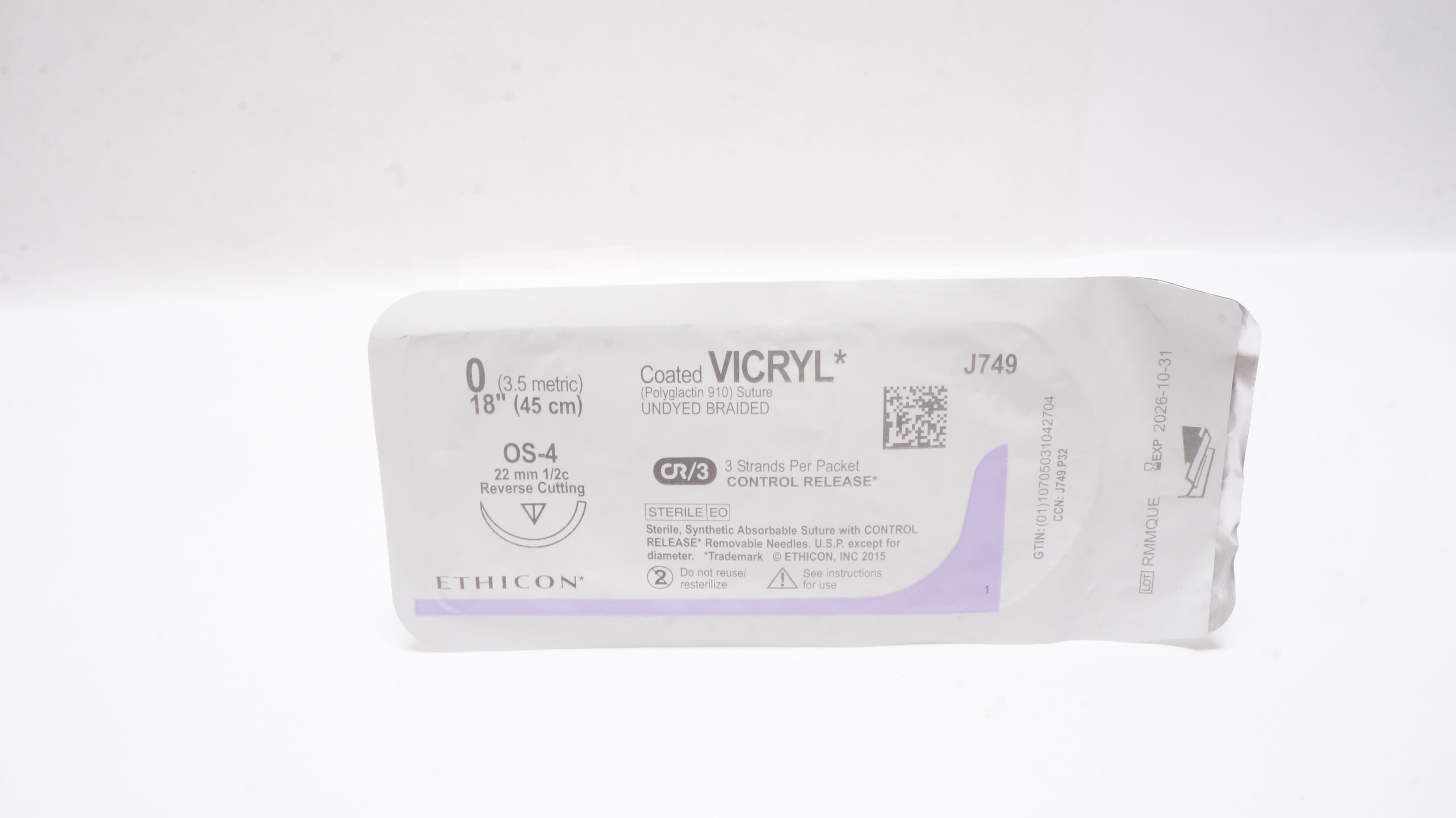 Ethicon J749 0 Coated VICRYL Stre OS-4 22mm 1/2c Reverse Cutting, 18inch