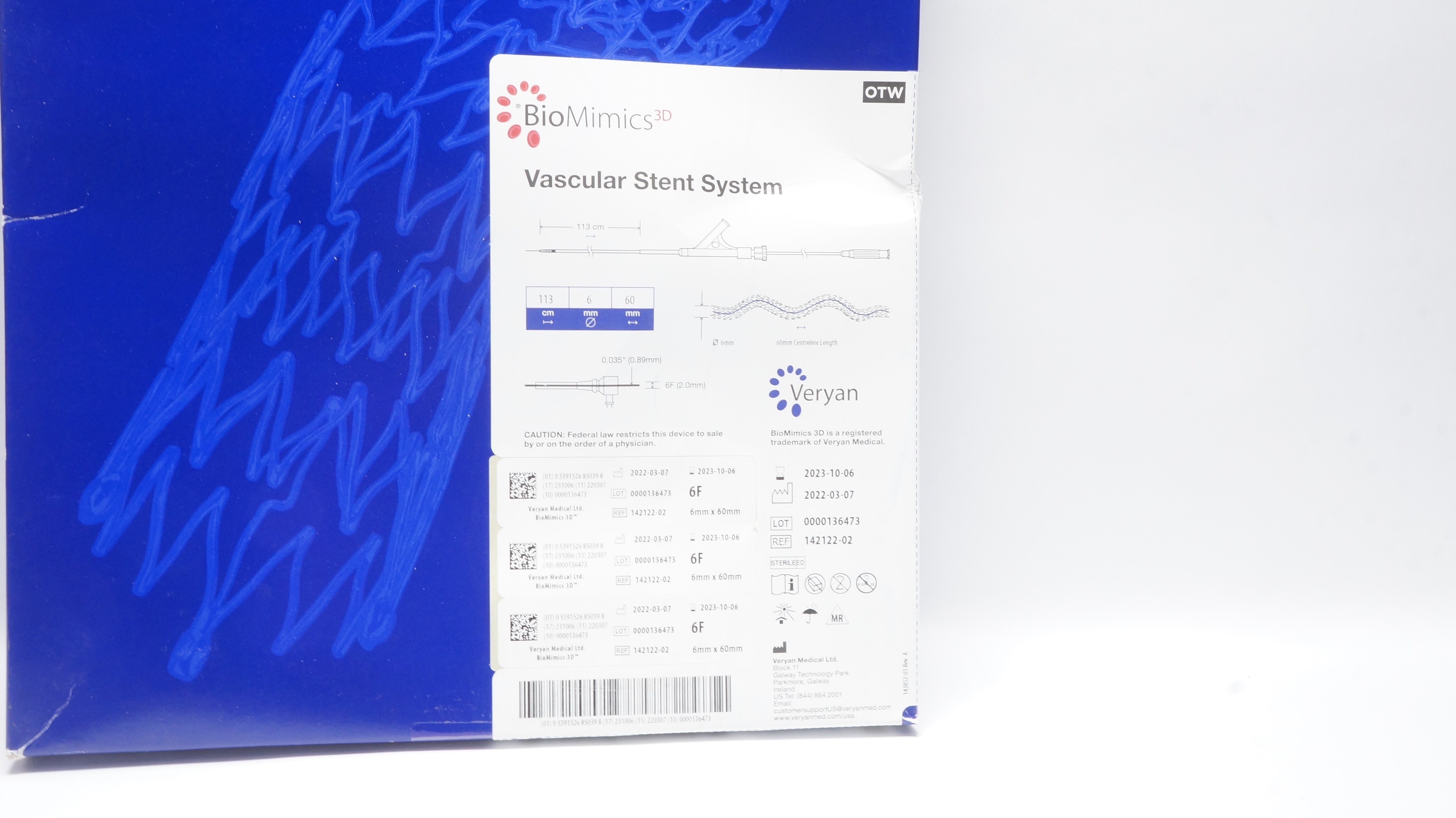 Veryan Medical 142122-02 BioMimics Vascular Stnt System 113cm x 6mm x 60mm